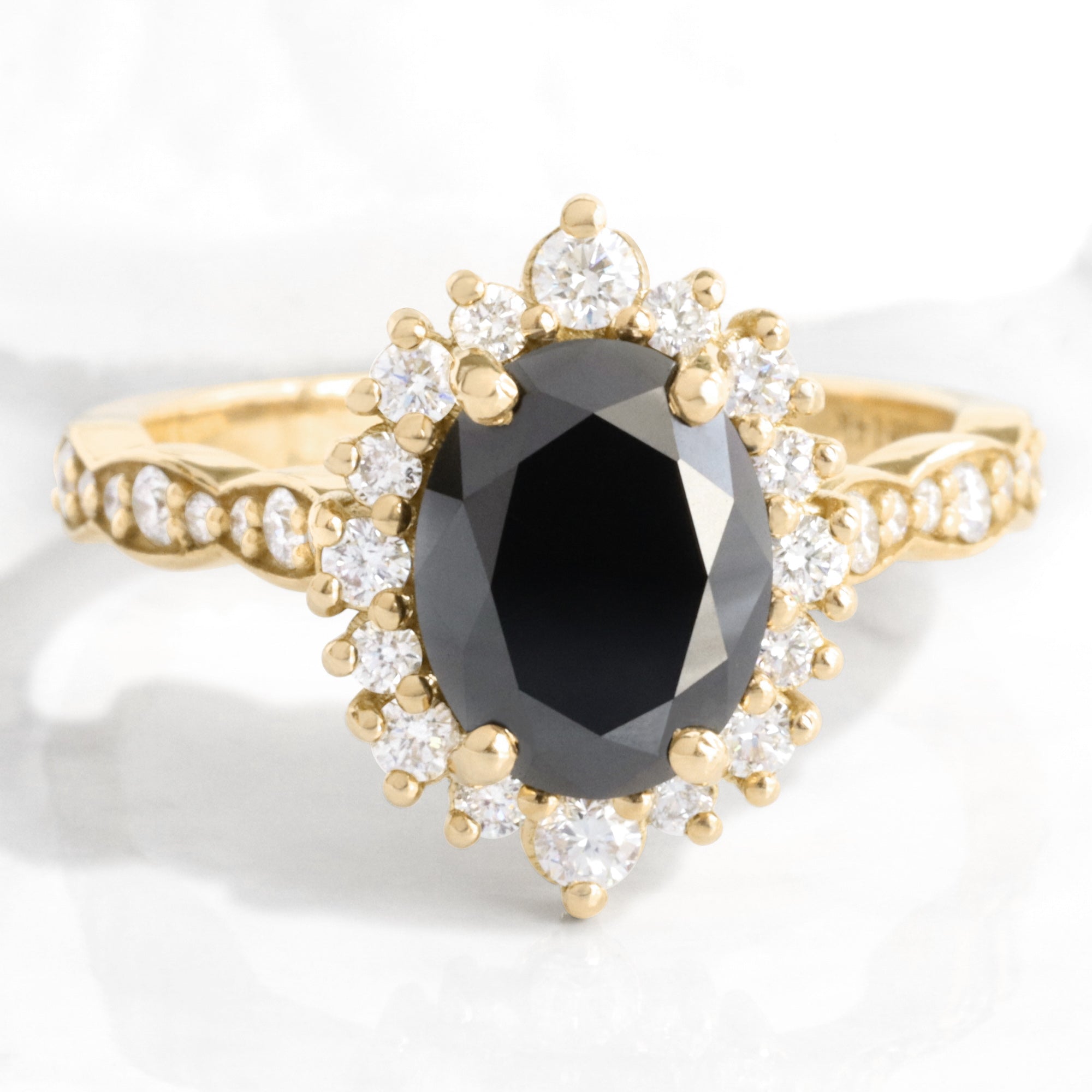 Large oval black diamond engagement ring yellow gold halo diamond ring cluster la more design jewelry
