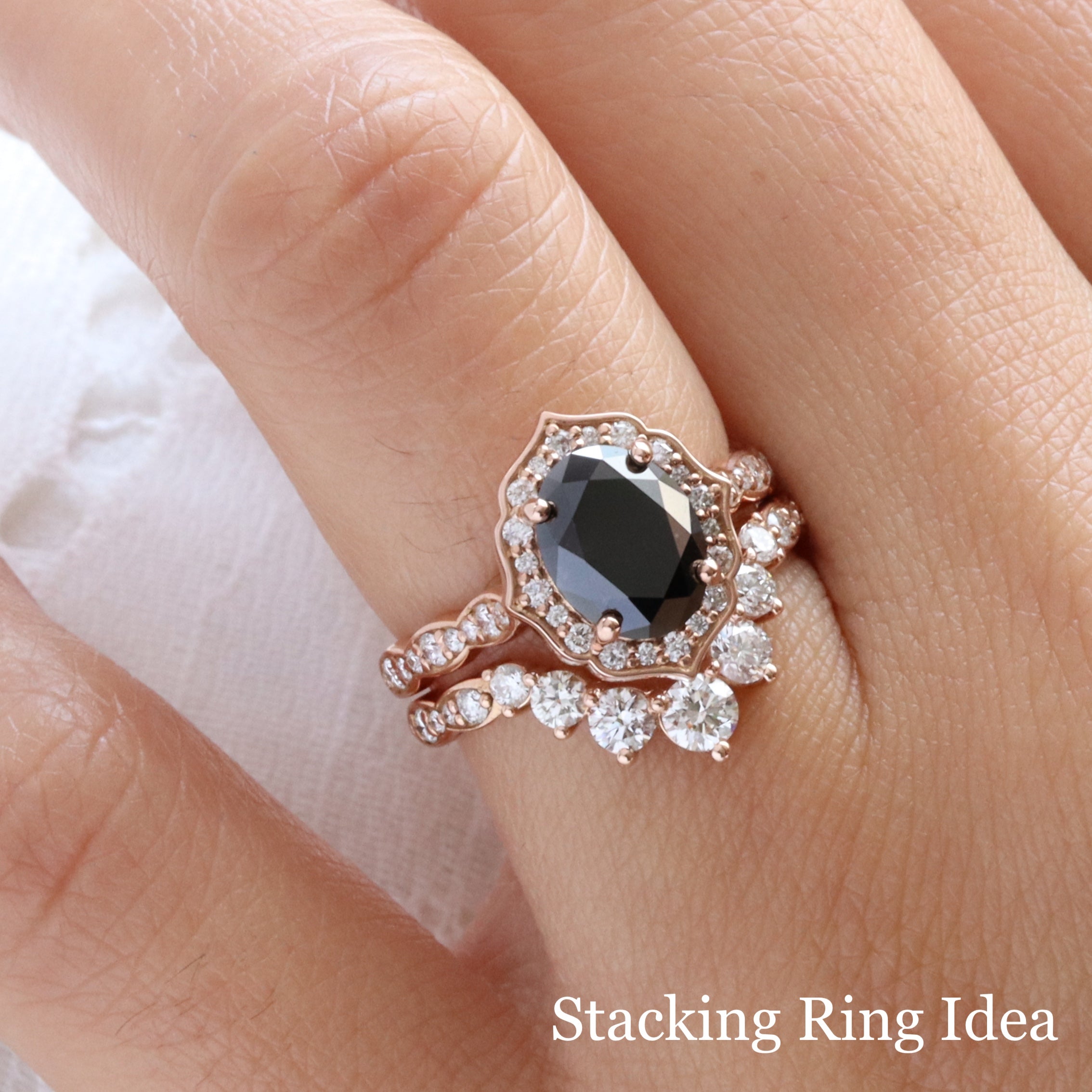 Large oval black diamond ring bridal set rose gold vintage halo black diamond ring stack la more design jewelry