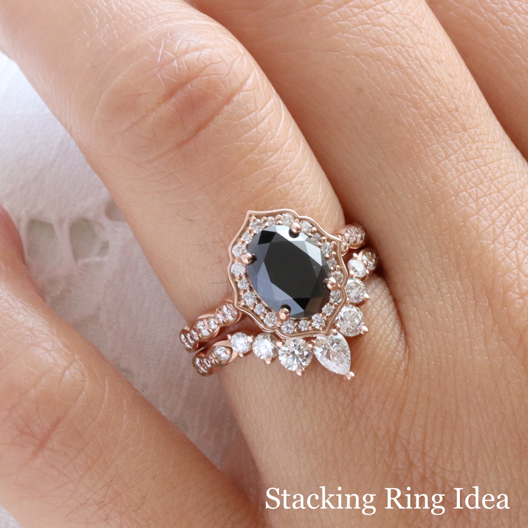 Large oval black diamond ring bridal set rose gold vintage halo black diamond ring stack la more design jewelry