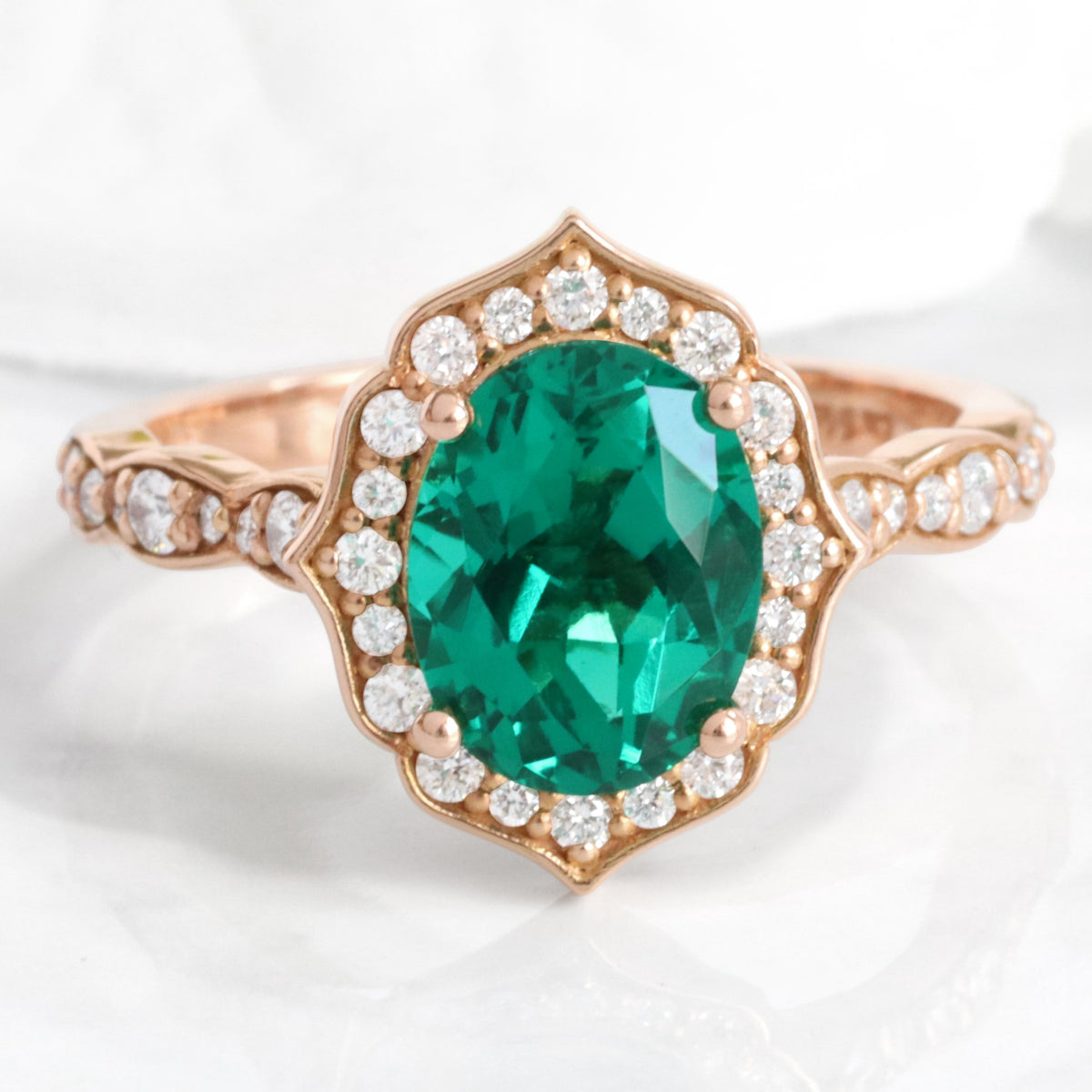 Large oval emerald engagement ring rose gold vintage halo diamond emerald ring la more design jewelry