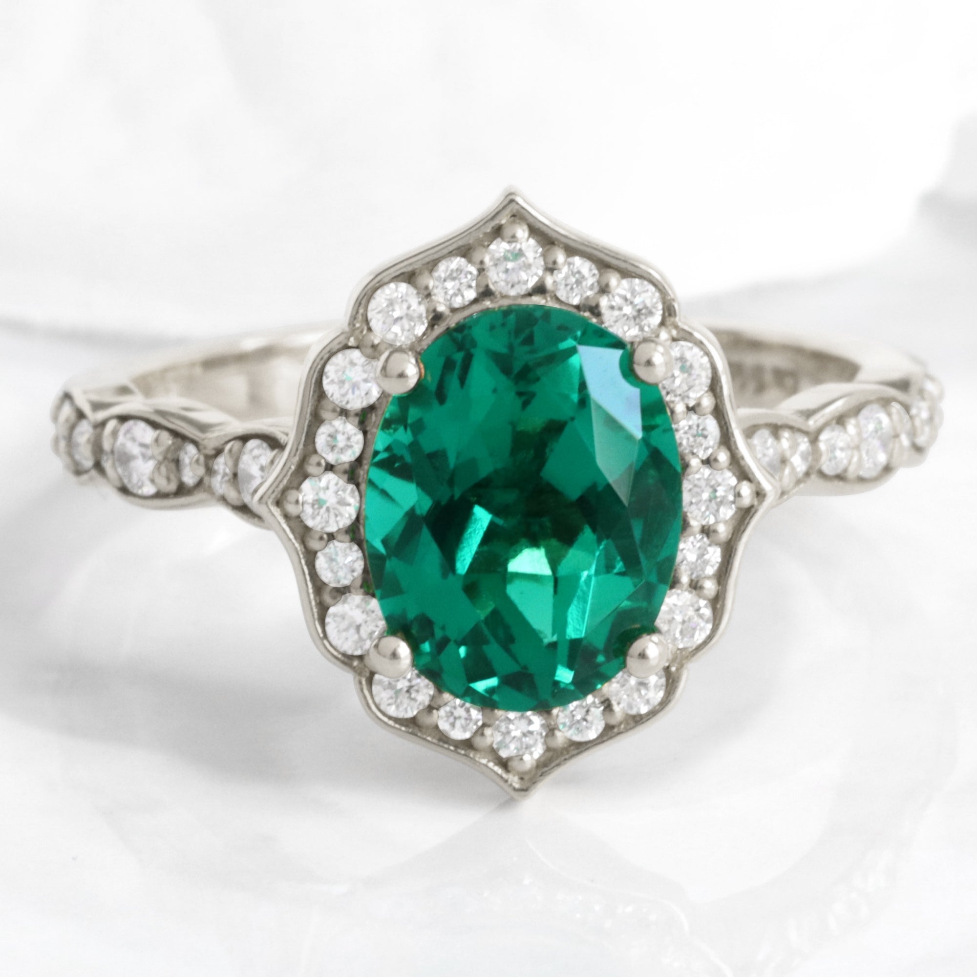 Oval Emerald Diamond Ring in Vintage Floral Engagement Ring