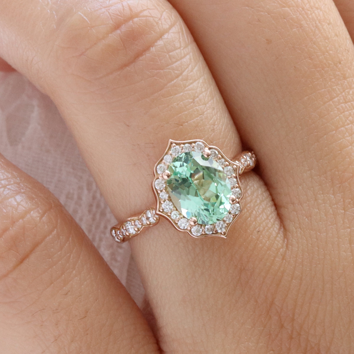 Large oval green sapphire engagement ring rose gold vintage halo diamond sapphire ring la more design jewelry