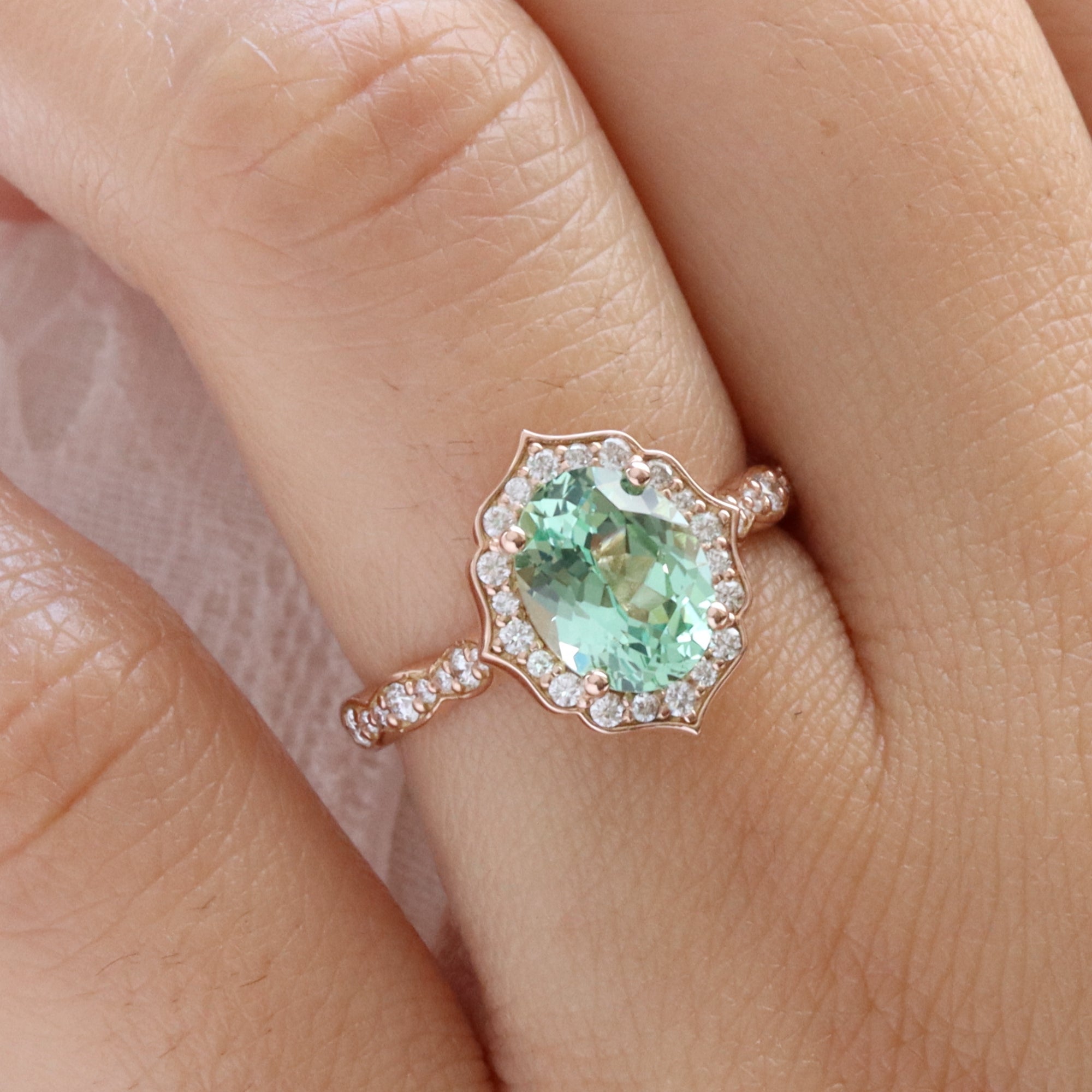 Large oval green sapphire engagement ring rose gold vintage halo diamond sapphire ring la more design jewelry