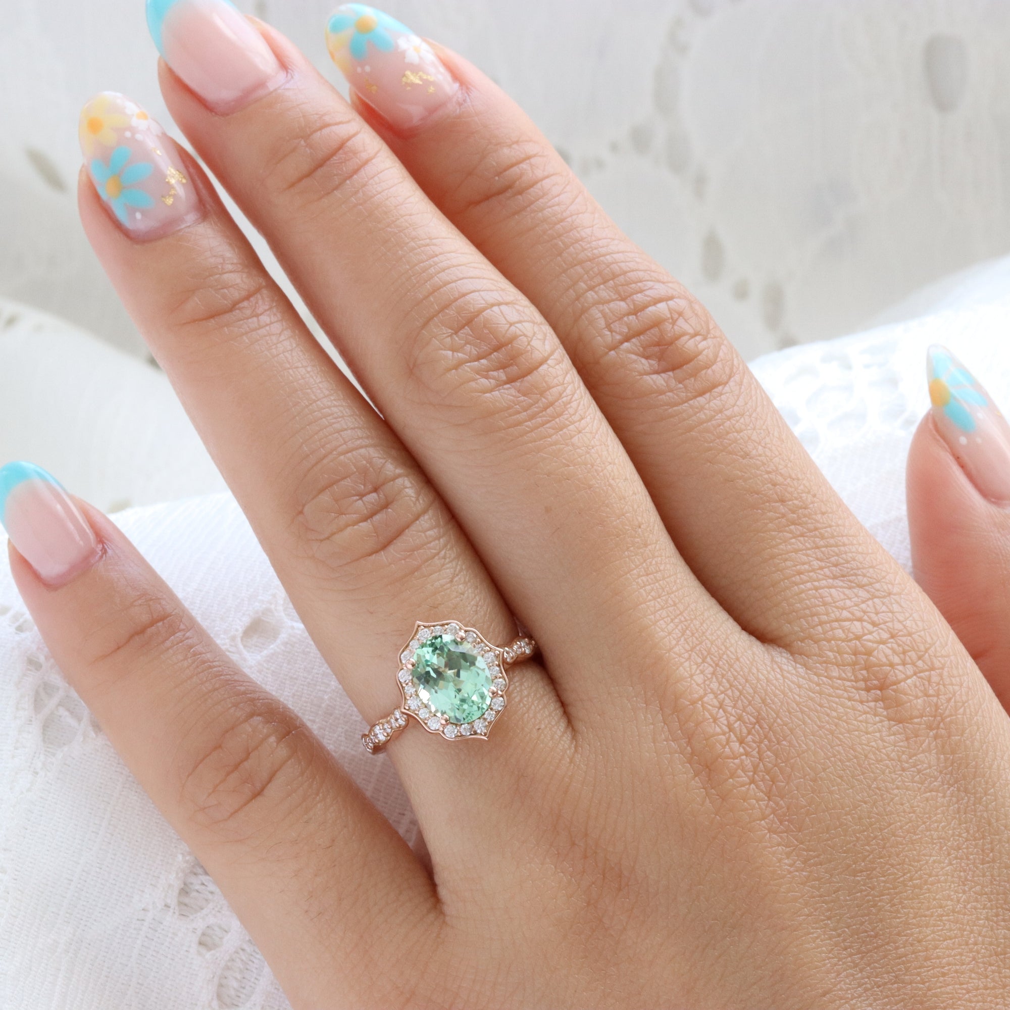 Large oval green sapphire engagement ring rose gold vintage halo diamond sapphire ring la more design jewelry