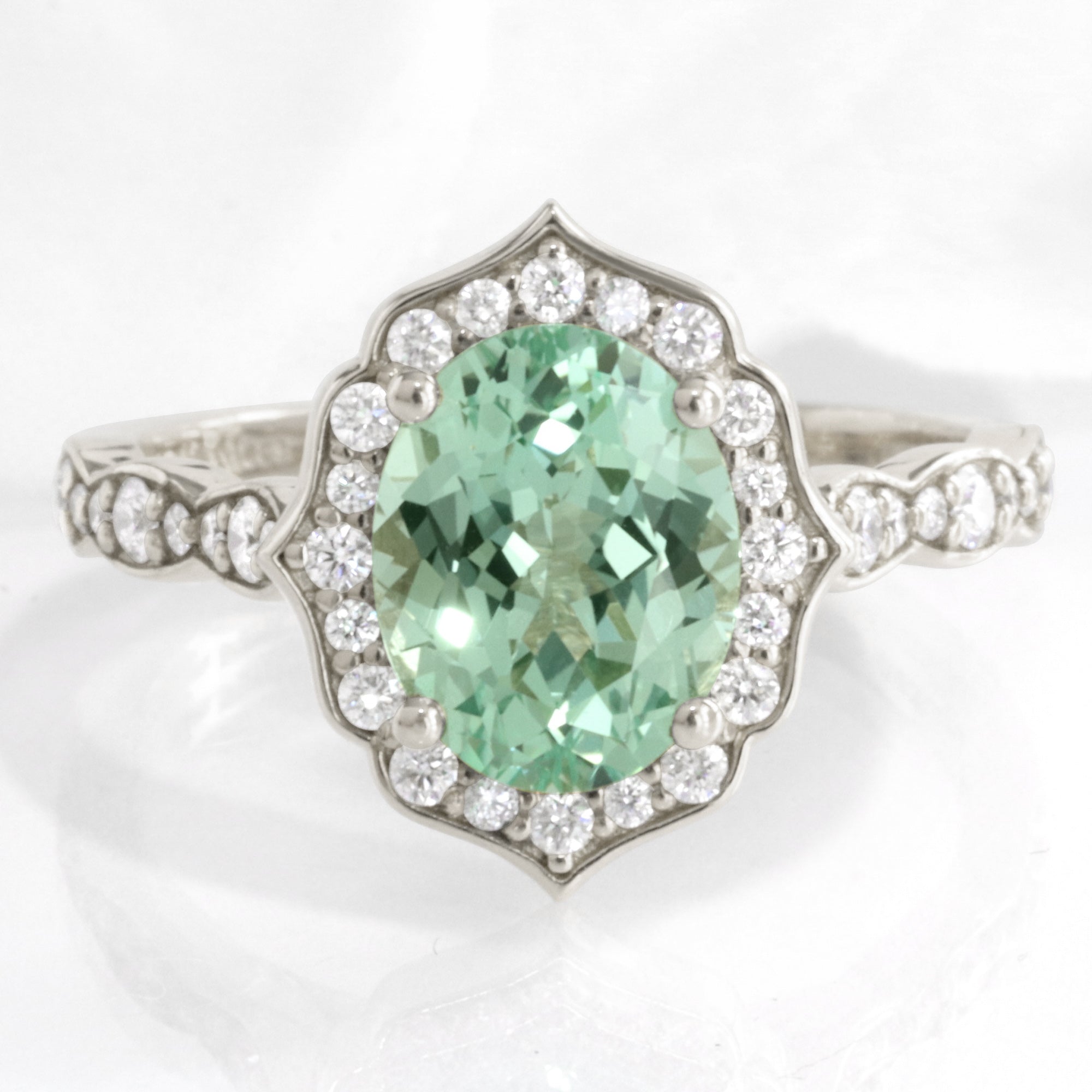 Vintage Floral Large Oval Green Sapphire Diamond Engagement Ring