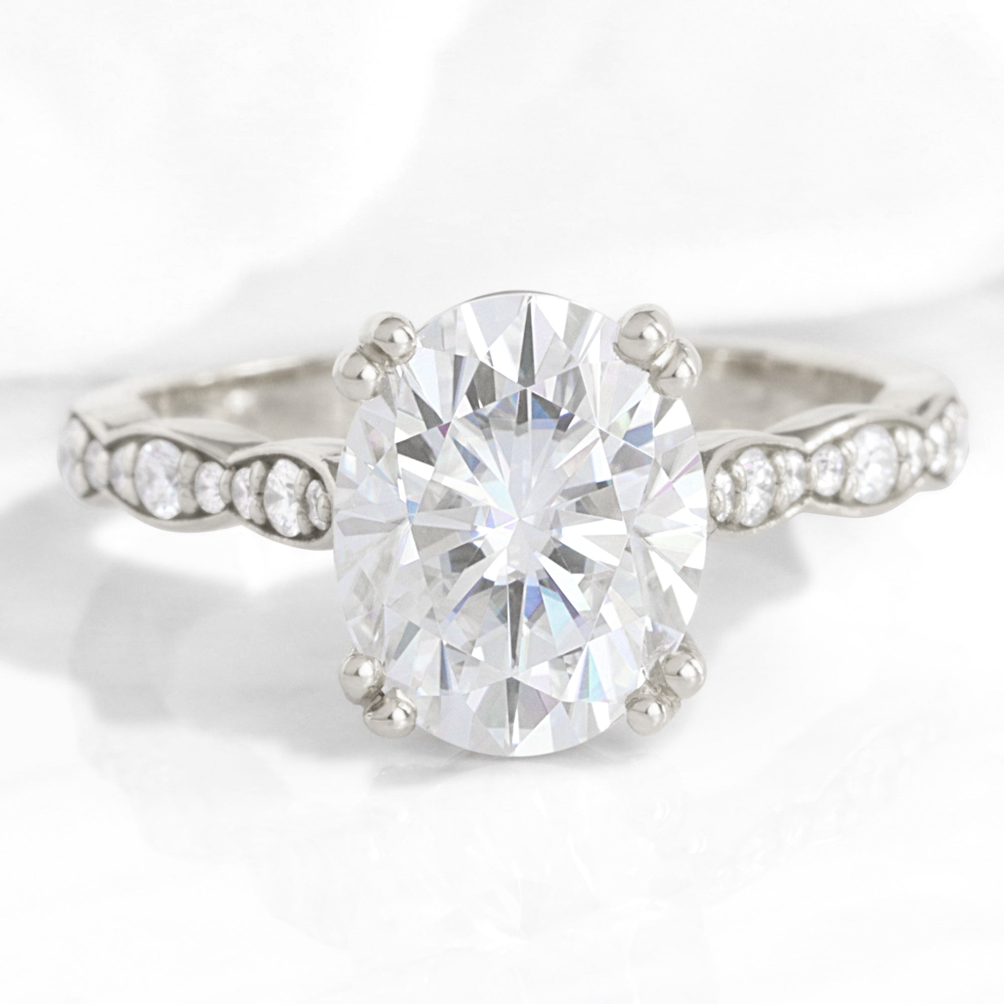 Oval Moissanite Diamond Ring in Cathedral Solitaire Scalloped Band