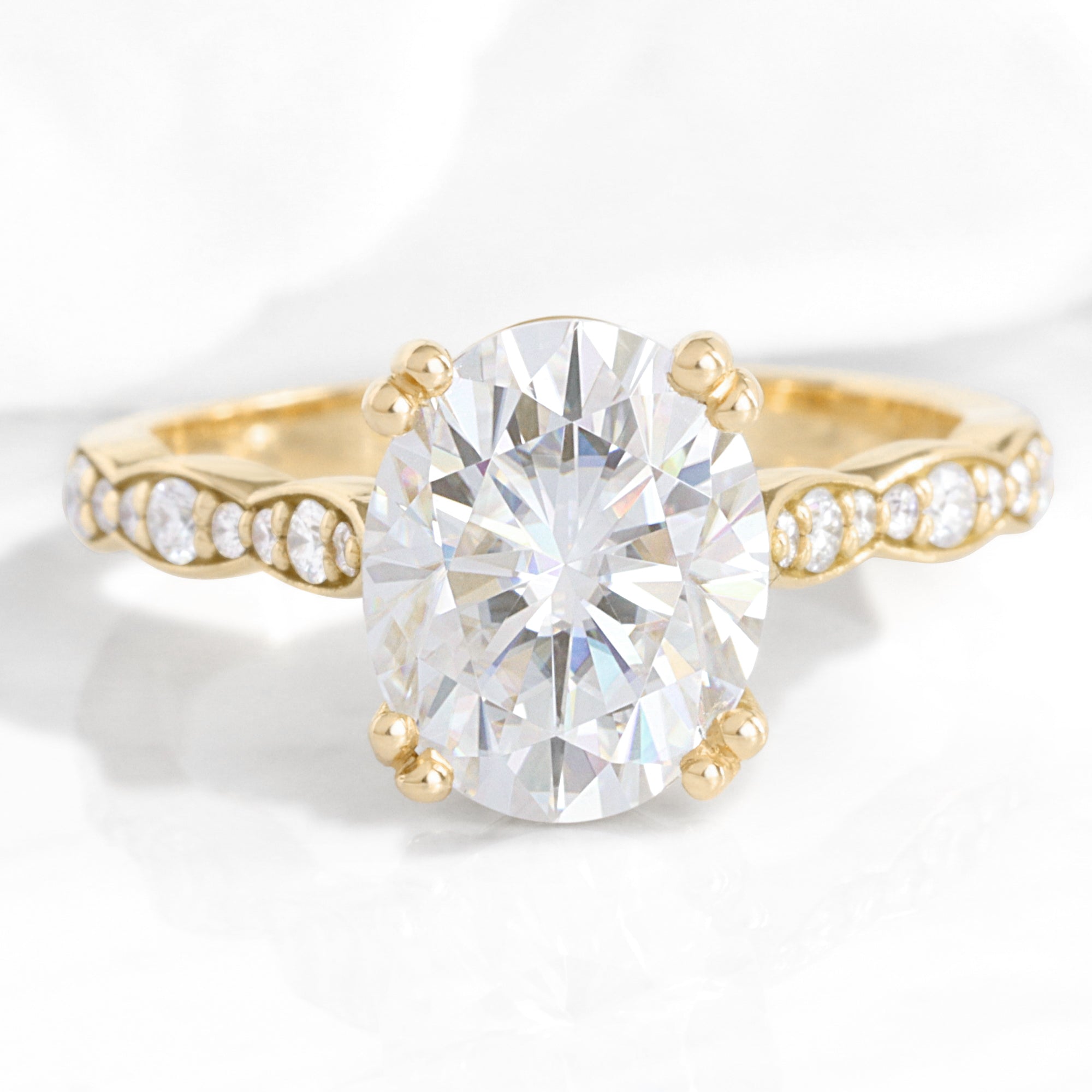 Oval Moissanite Diamond Ring in Cathedral Solitaire Scalloped Band