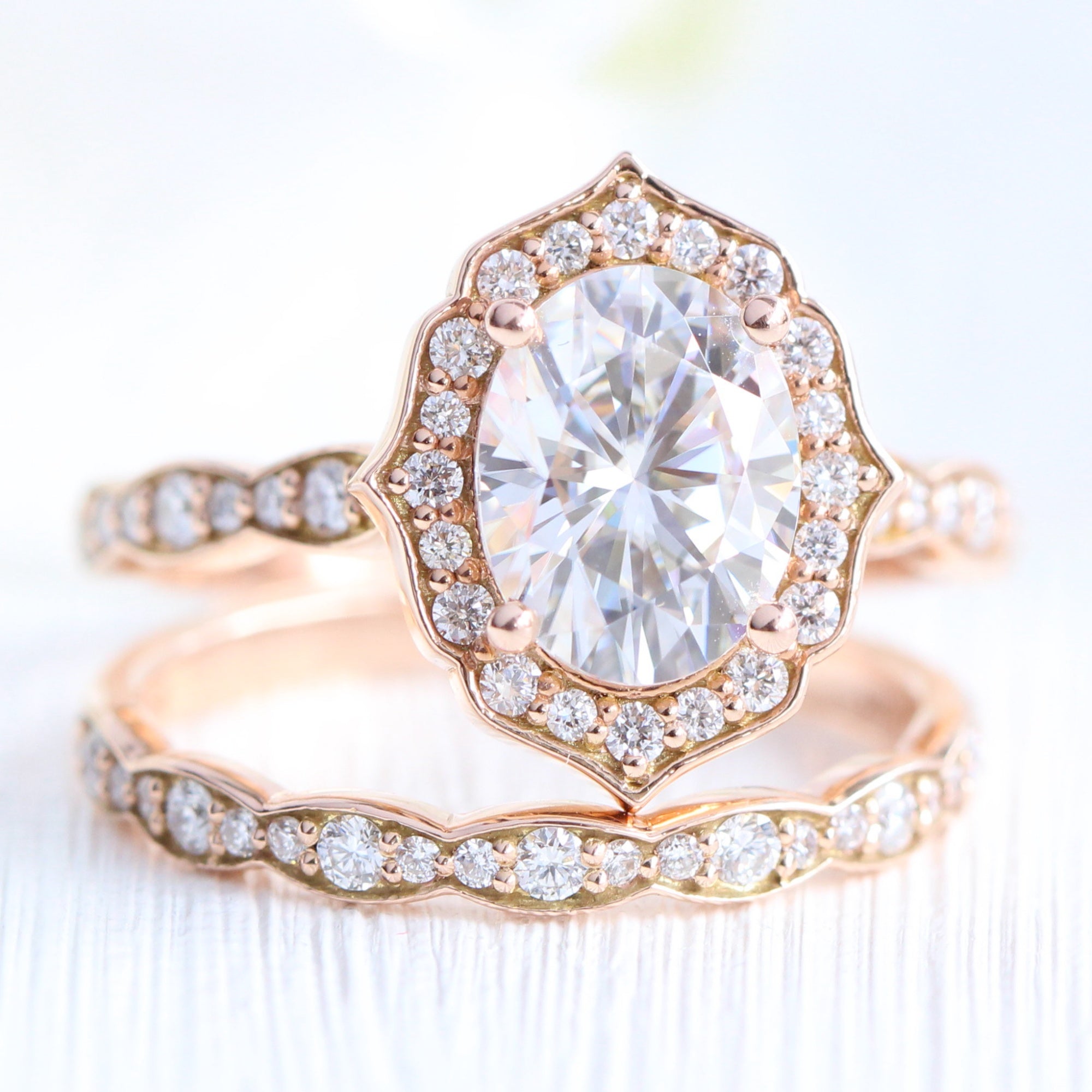 Vintage style moissanite diamond engagement ring rose gold bridal set by la more design jewelry