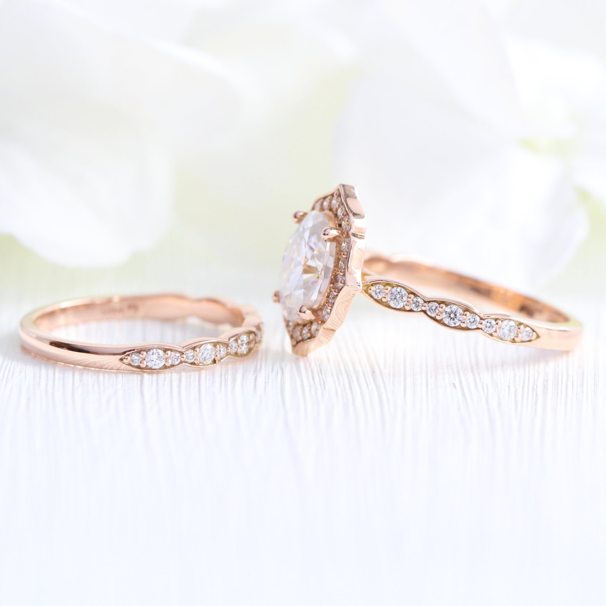 Vintage style moissanite diamond engagement ring rose gold bridal set by la more design jewelry
