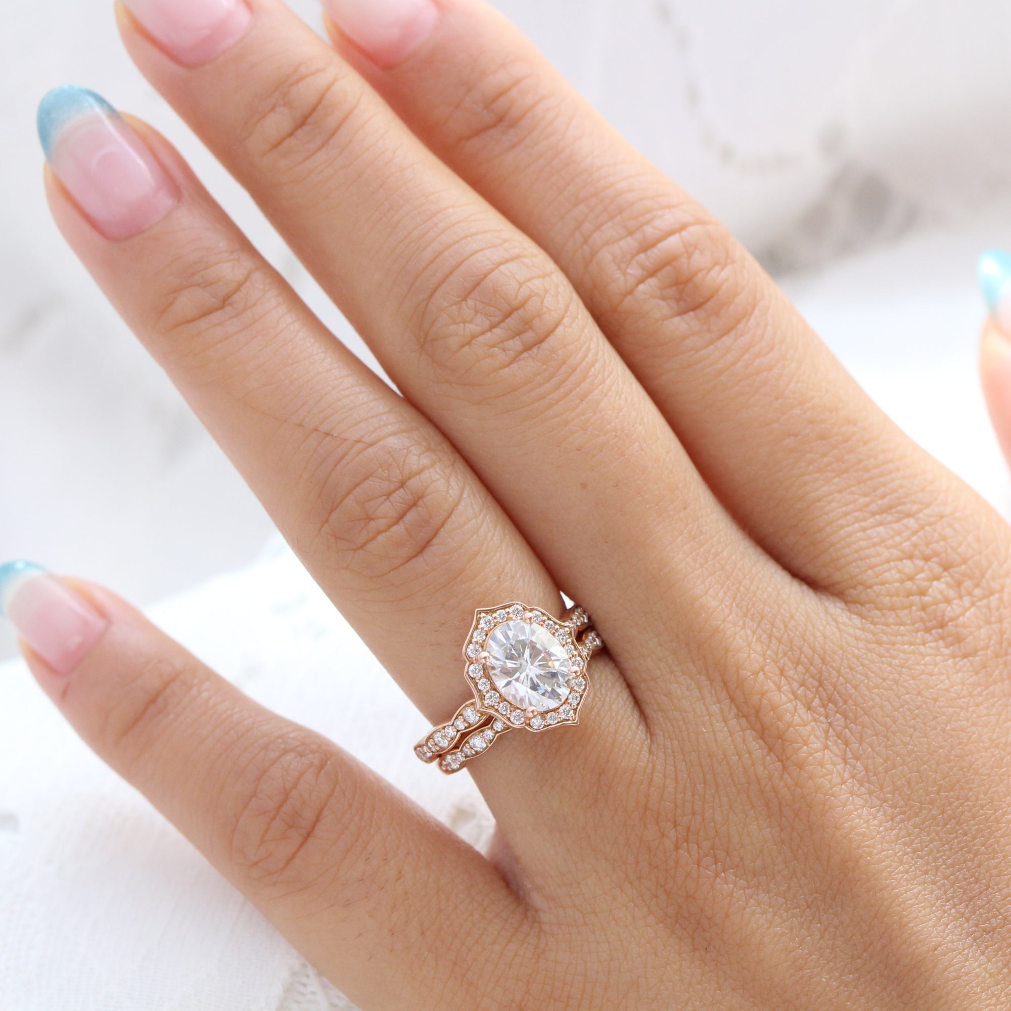 Vintage style moissanite diamond engagement ring rose gold bridal set by la more design jewelry