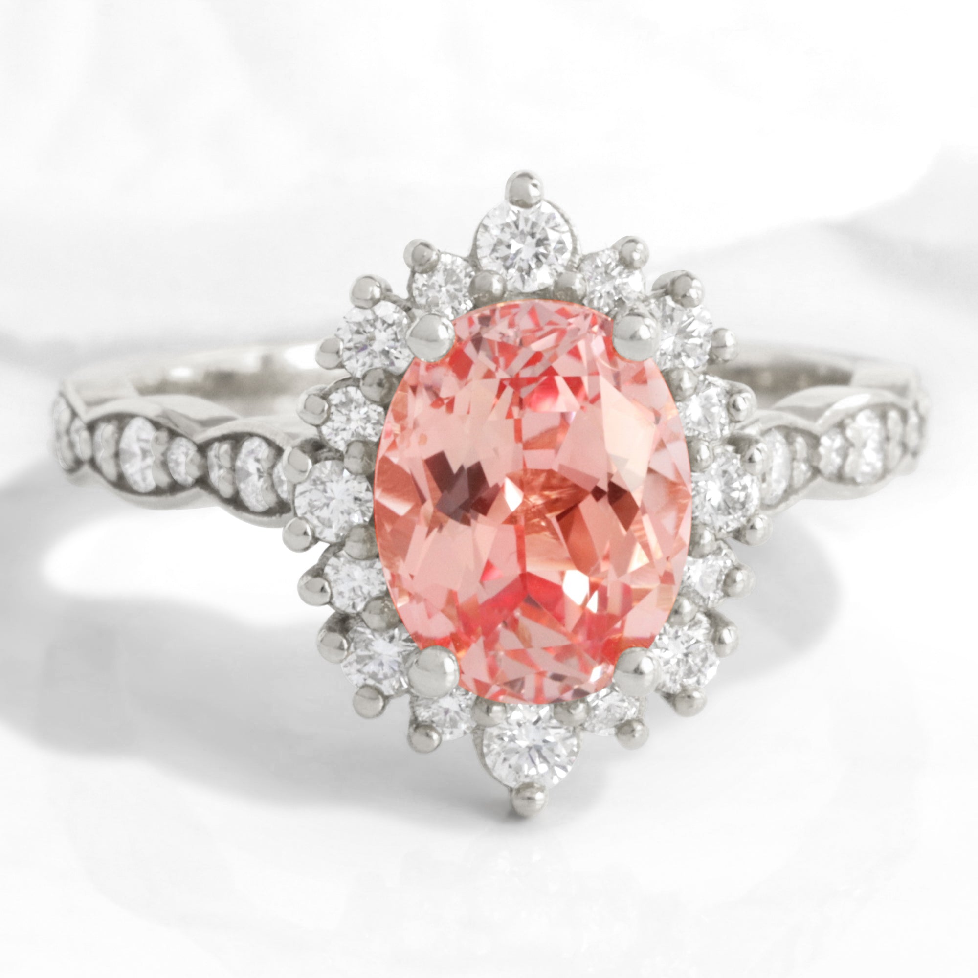Large oval peach sapphire ring white gold halo diamond pink sapphire engagement ring la more design jewelry