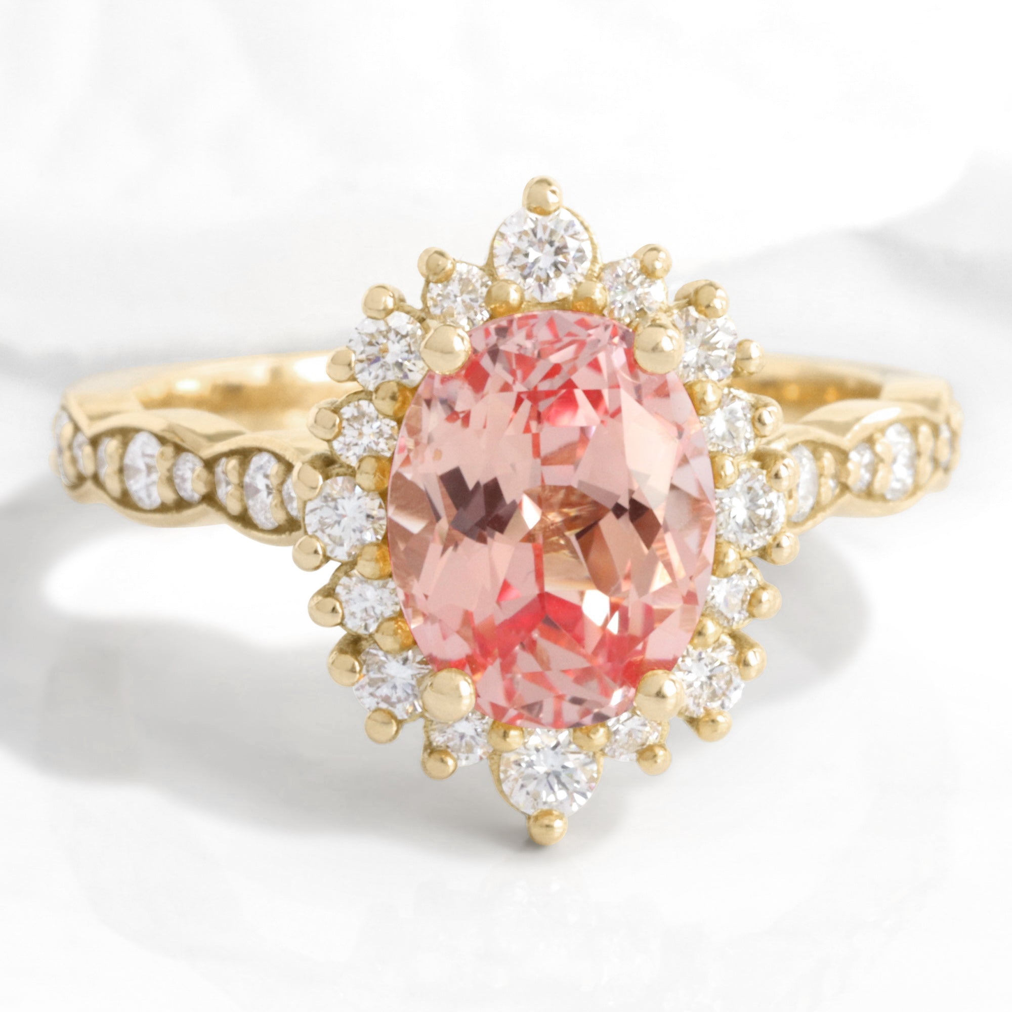 Large oval peach sapphire ring yellow gold halo diamond pink sapphire engagement ring la more design jewelry