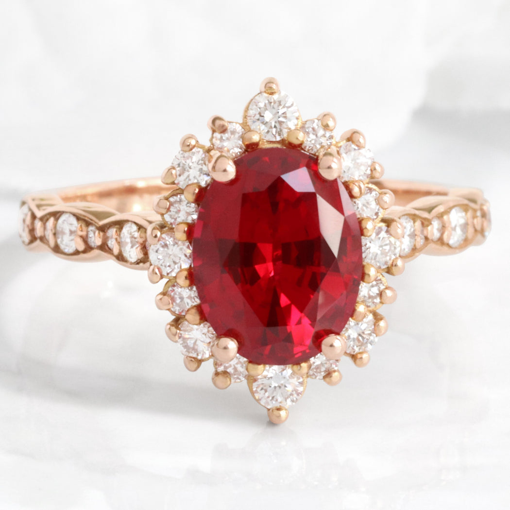 Halo Diamond Oval Ruby Engagement Ring Gold Cluster Ruby Wedding Ring ...