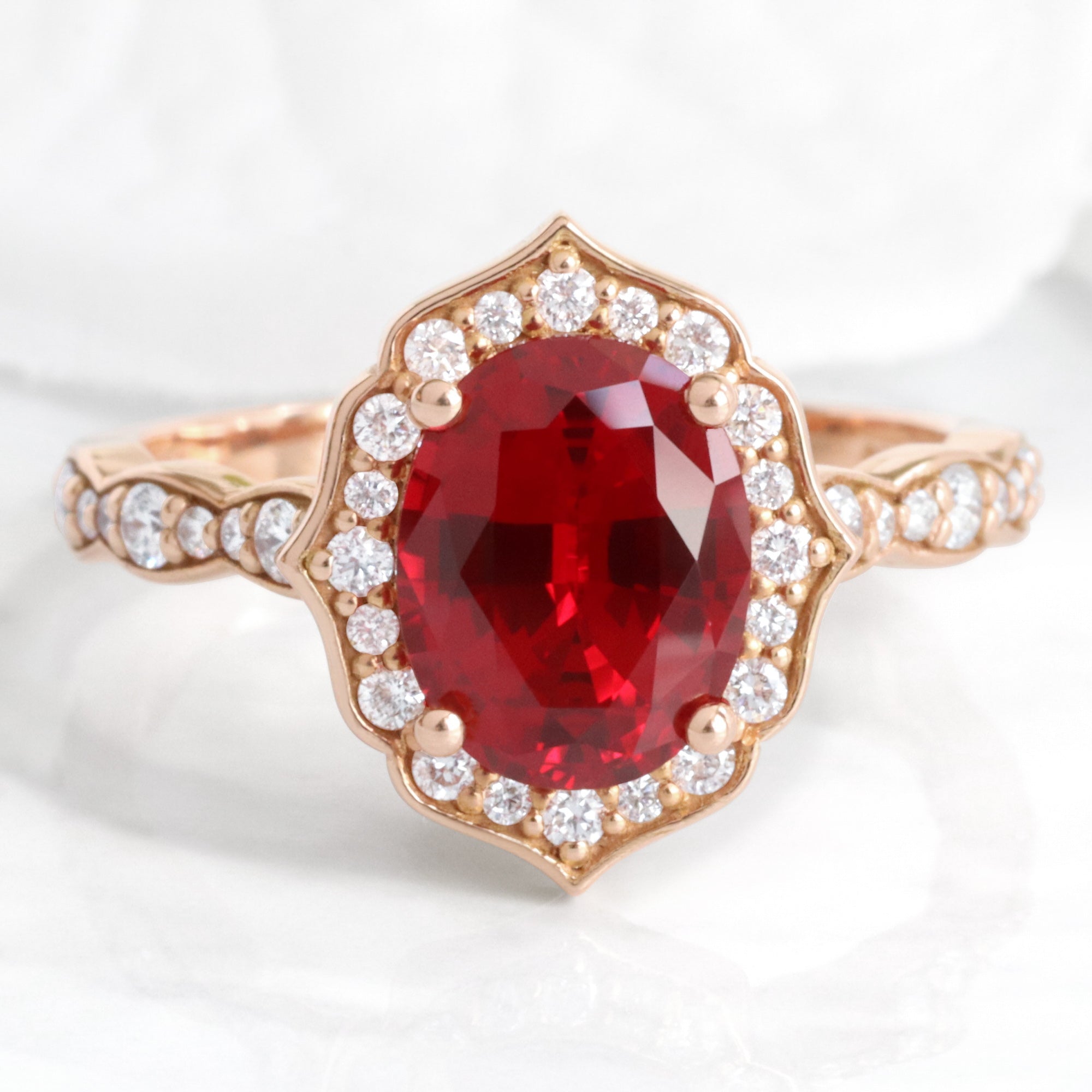 Oval Ruby Diamond Halo Ring in Vintage Floral Engagement Ring