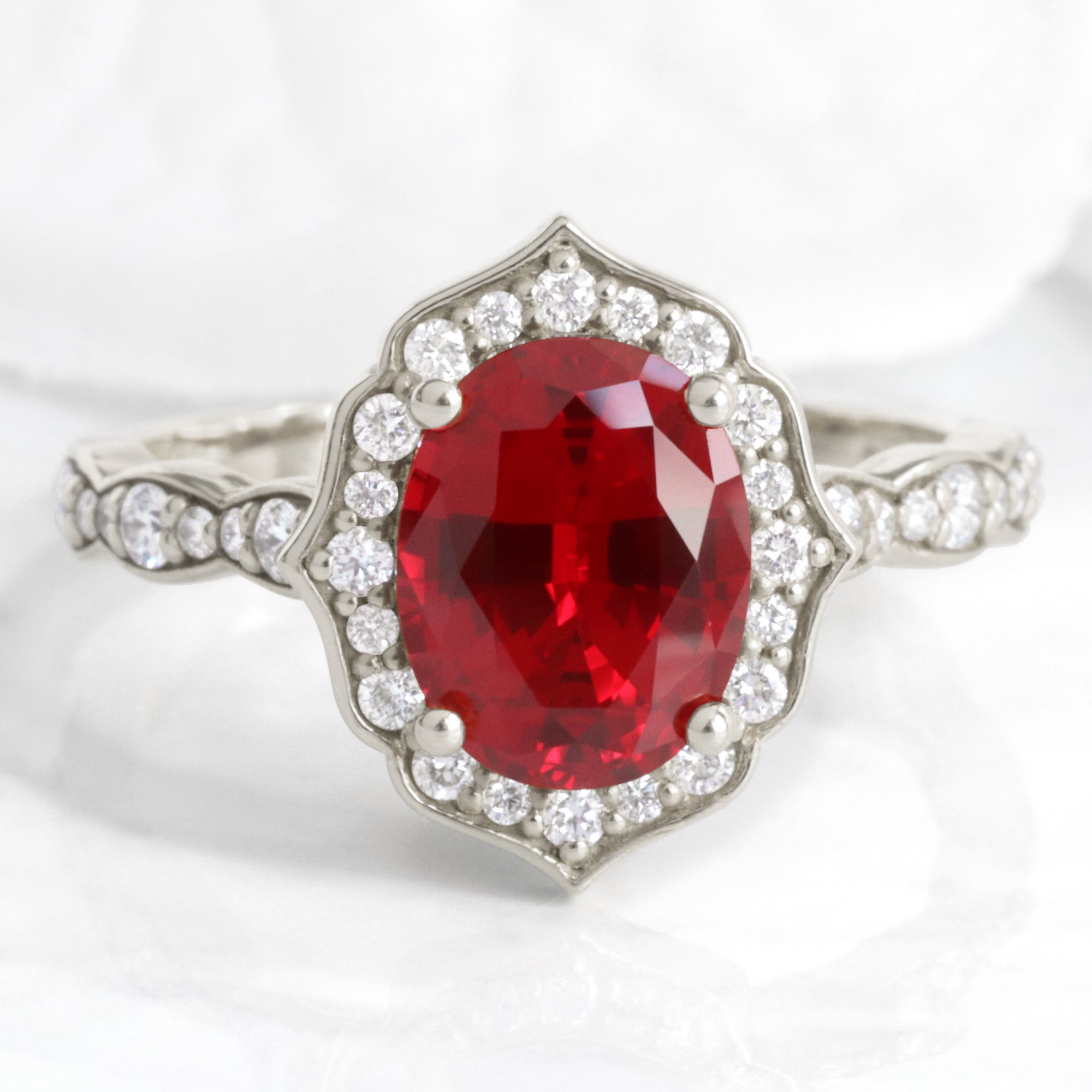 Oval Ruby Diamond Halo Ring in Vintage Floral Engagement Ring