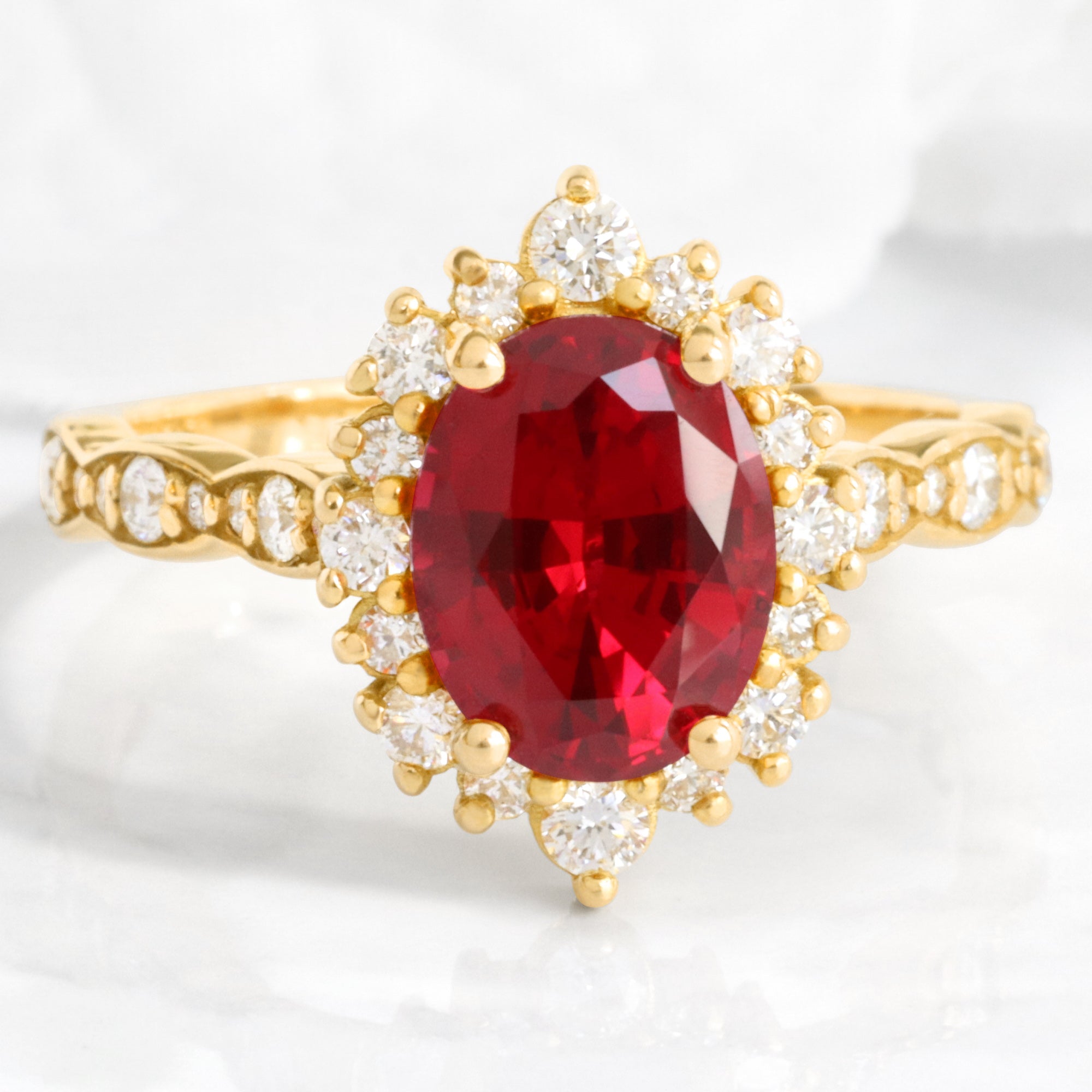 Large oval ruby engagement ring yellow gold halo diamond ruby ring ruby cluster ring la more design jewelry