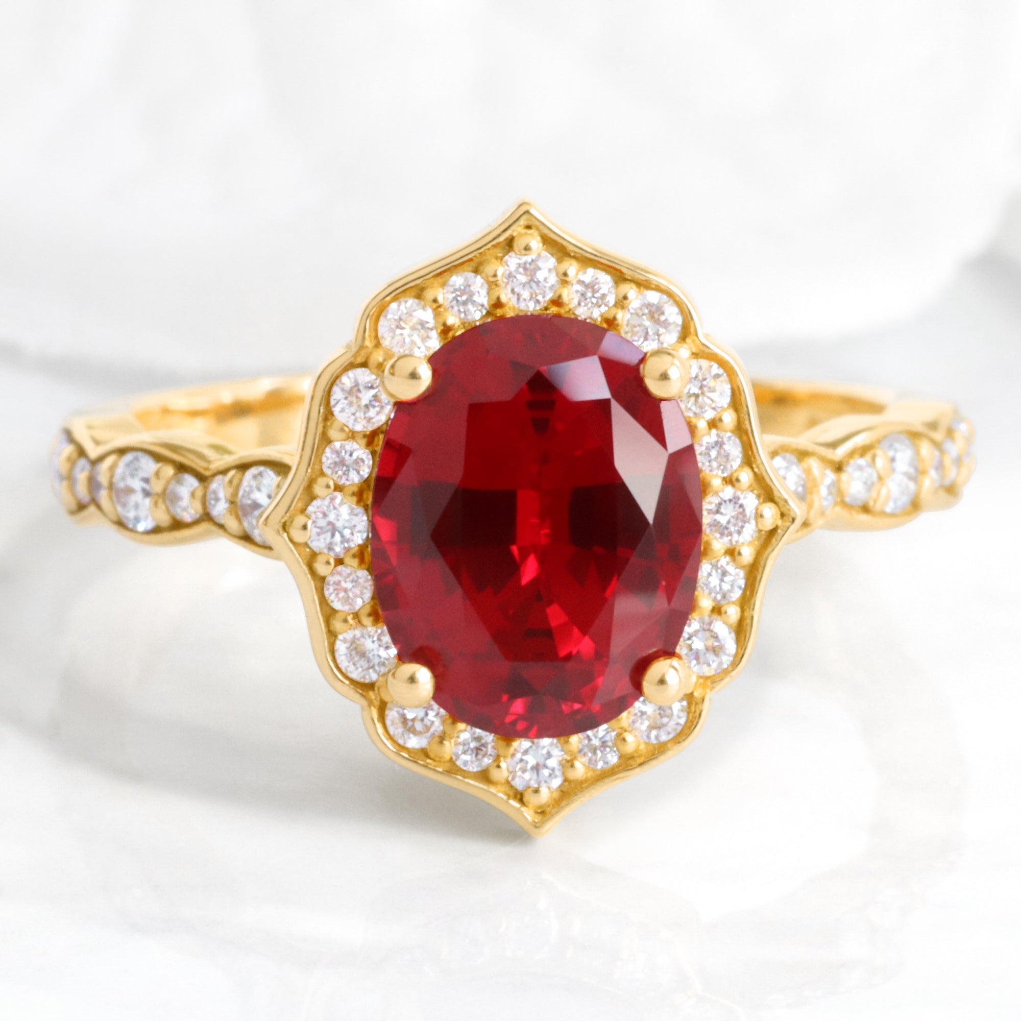 Oval Ruby Diamond Halo Ring in Vintage Floral Engagement Ring