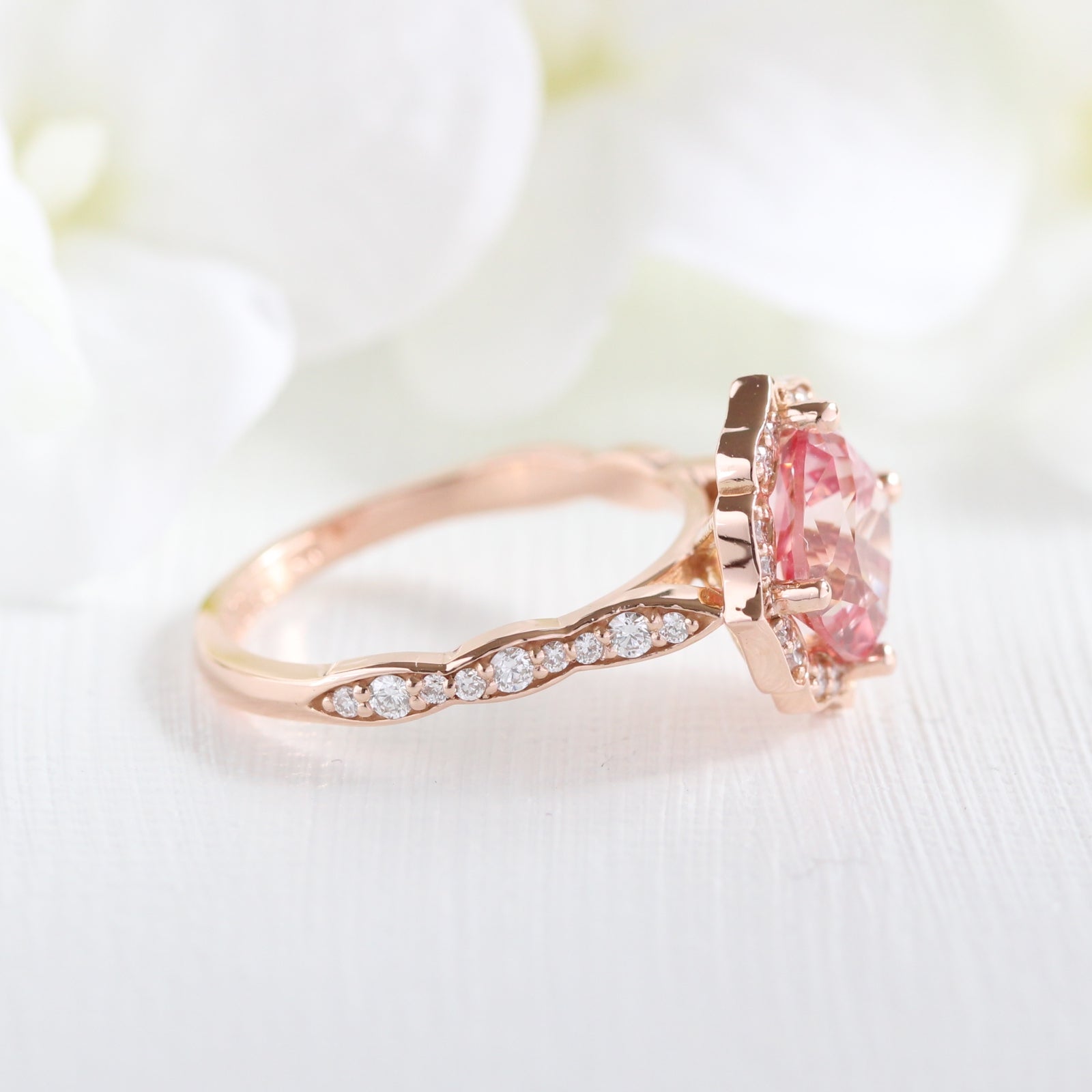 Large Vintage Floral Peach Sapphire Ring in 14k Rose Gold Scalloped Diamond Band, Size 6.5