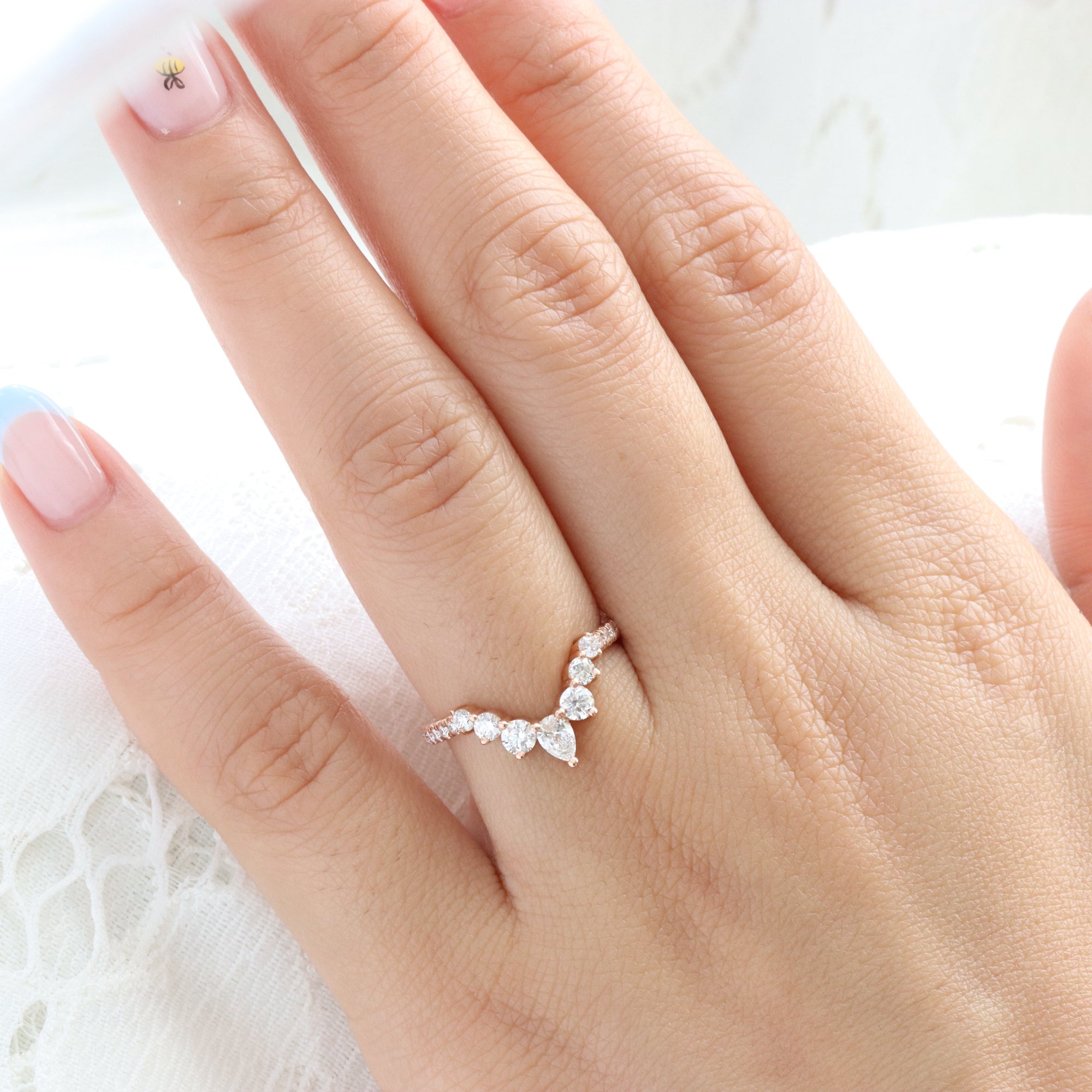 Large pear and round diamond wedding ring rose gold deep curved pave wedding band la more design jewelry