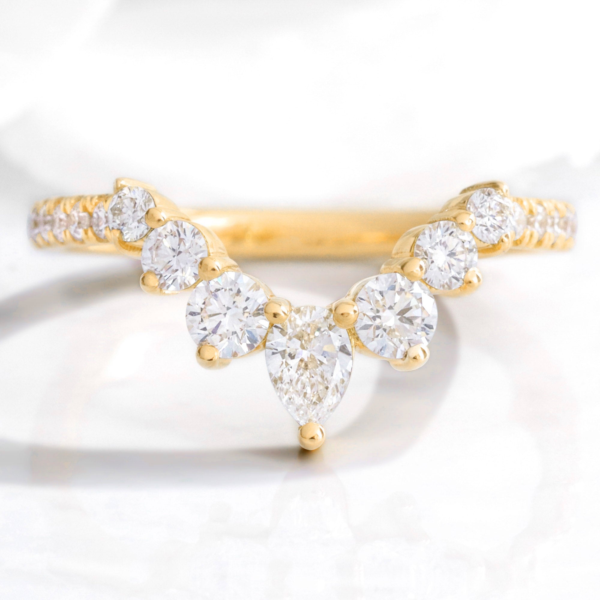 Large pear and round diamond wedding ring yellow gold deep curved pave wedding band la more design jewelry