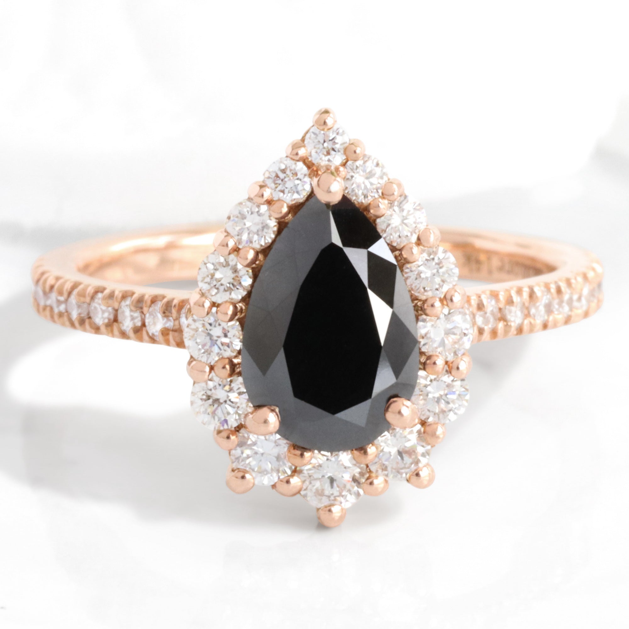 Pear Black Diamond Engagement Ring in Tiara Halo Pave Band