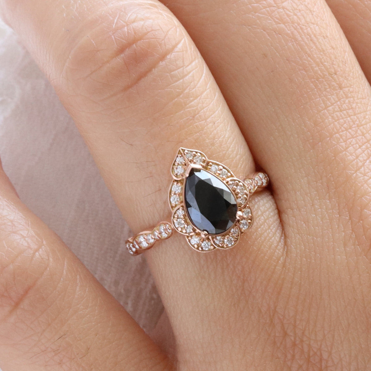 Large pear black diamond engagement ring rose gold vintage halo black diamond ring la more design jewelry