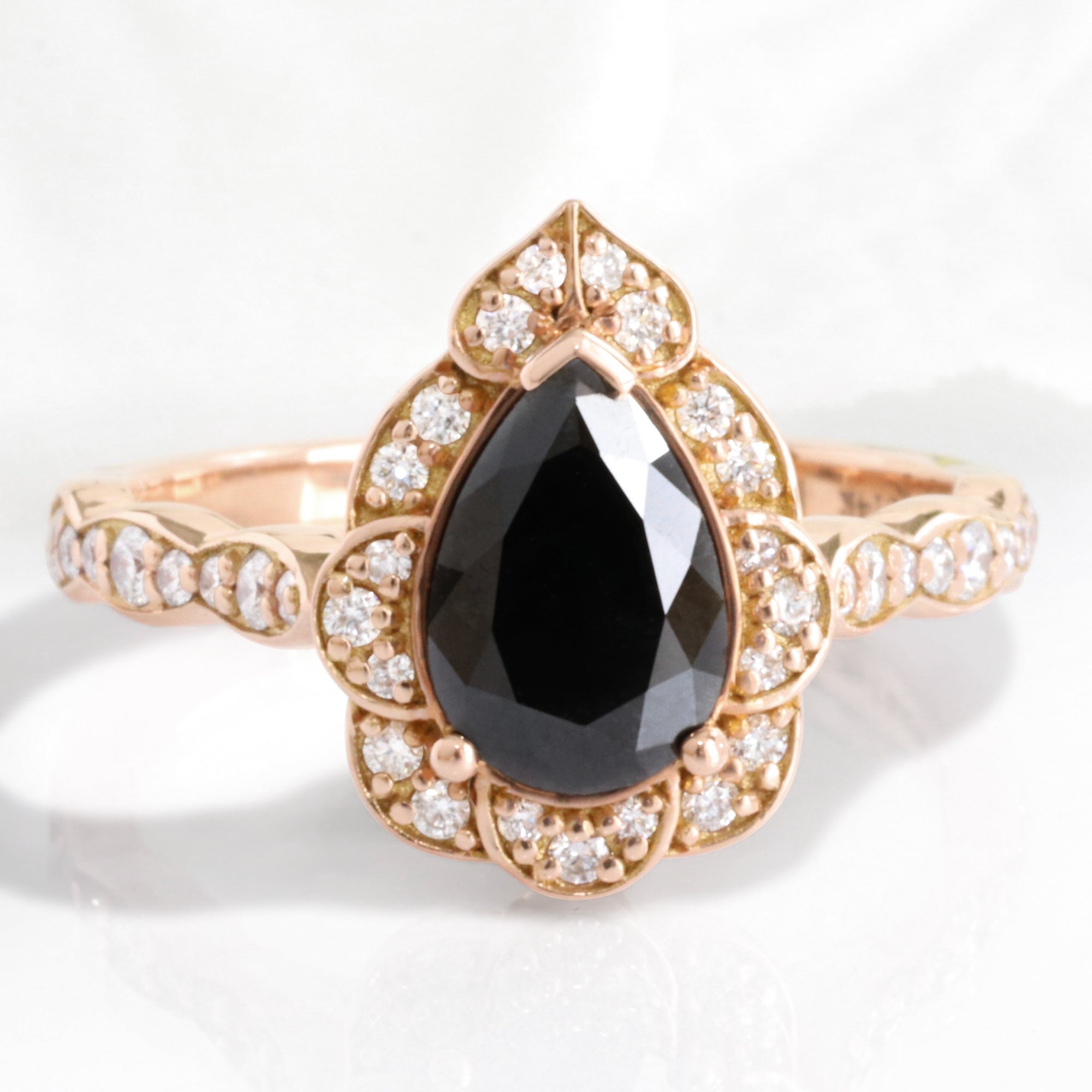Pear Black Diamond Engagement Ring in Vintage Floral Scalloped Band