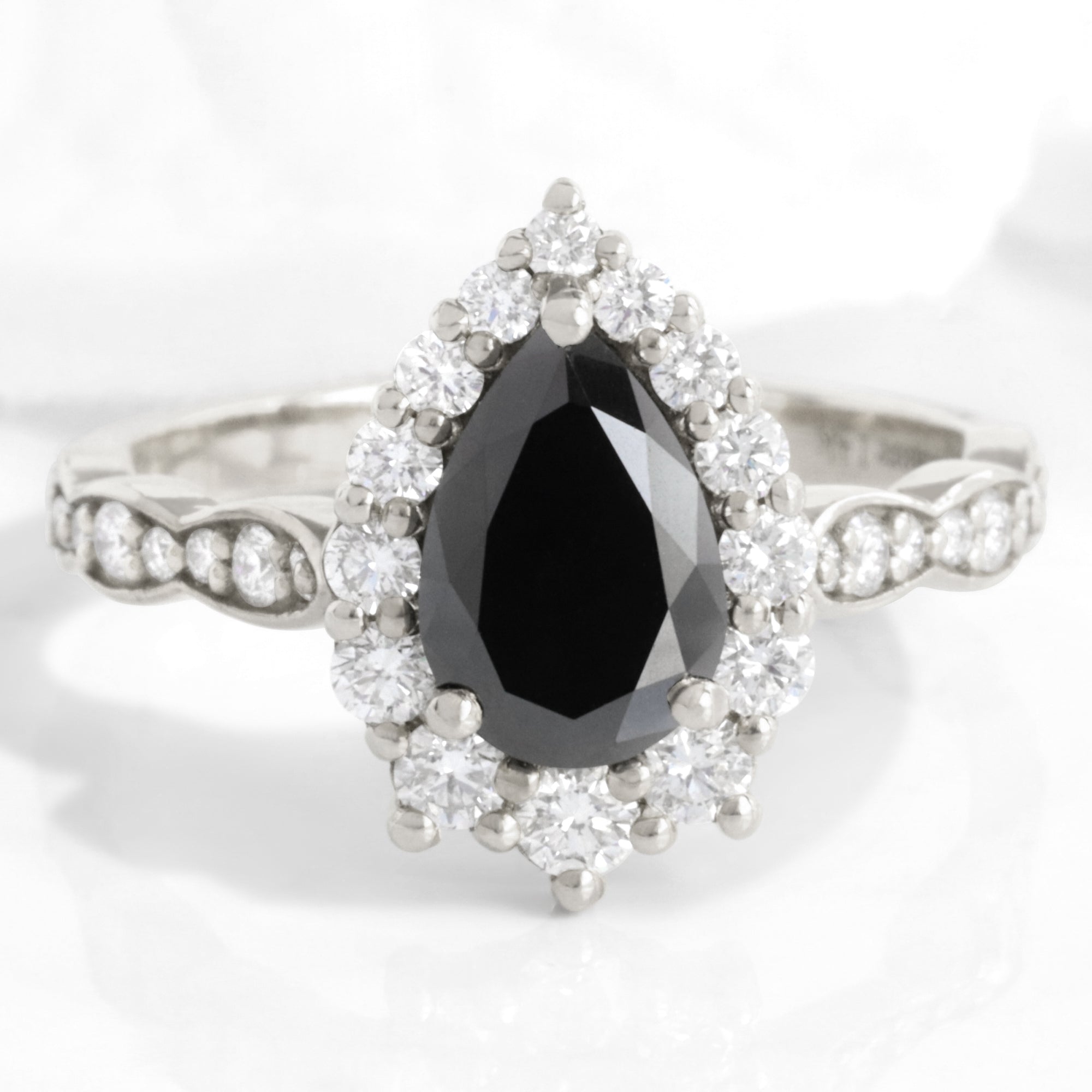 Pear Black Diamond Engagement Ring in Tiara Halo Scalloped Band
