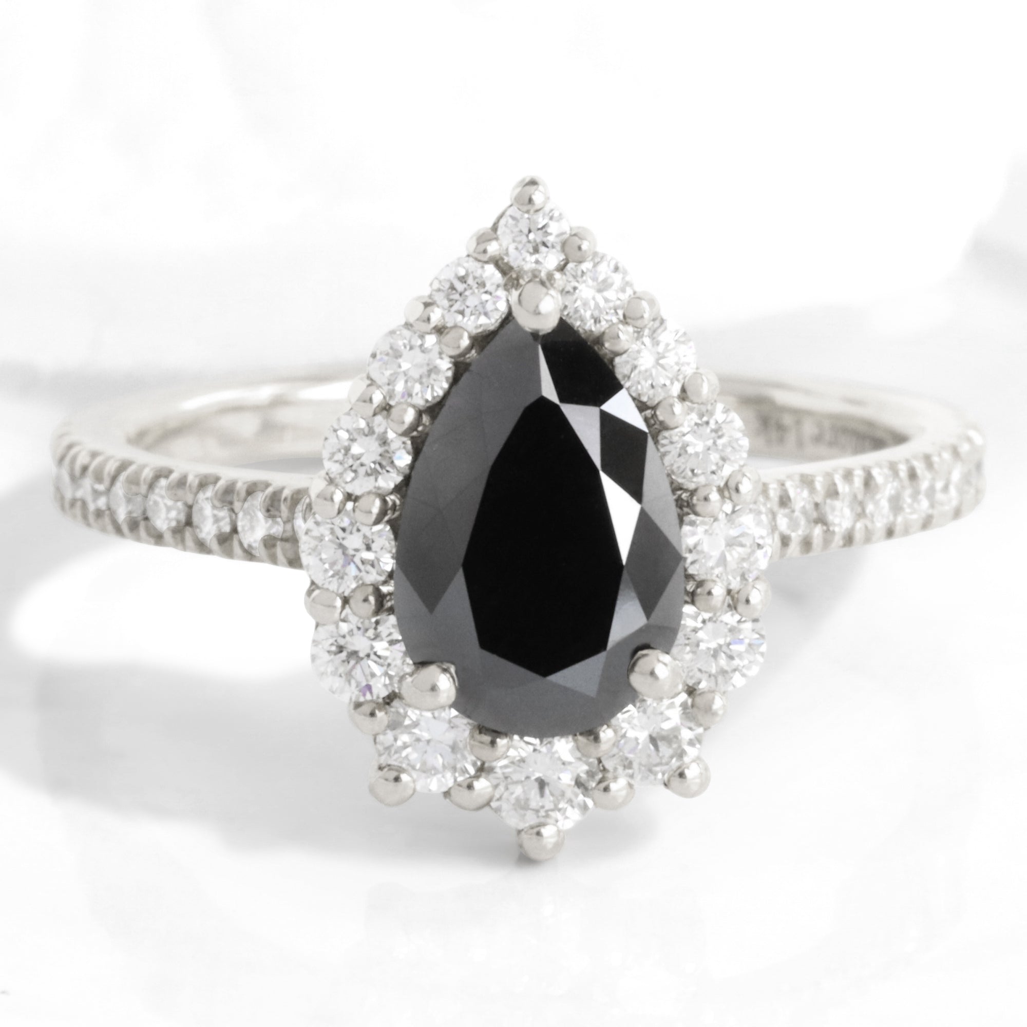 Pear Black Diamond Engagement Ring in Tiara Halo Pave Band