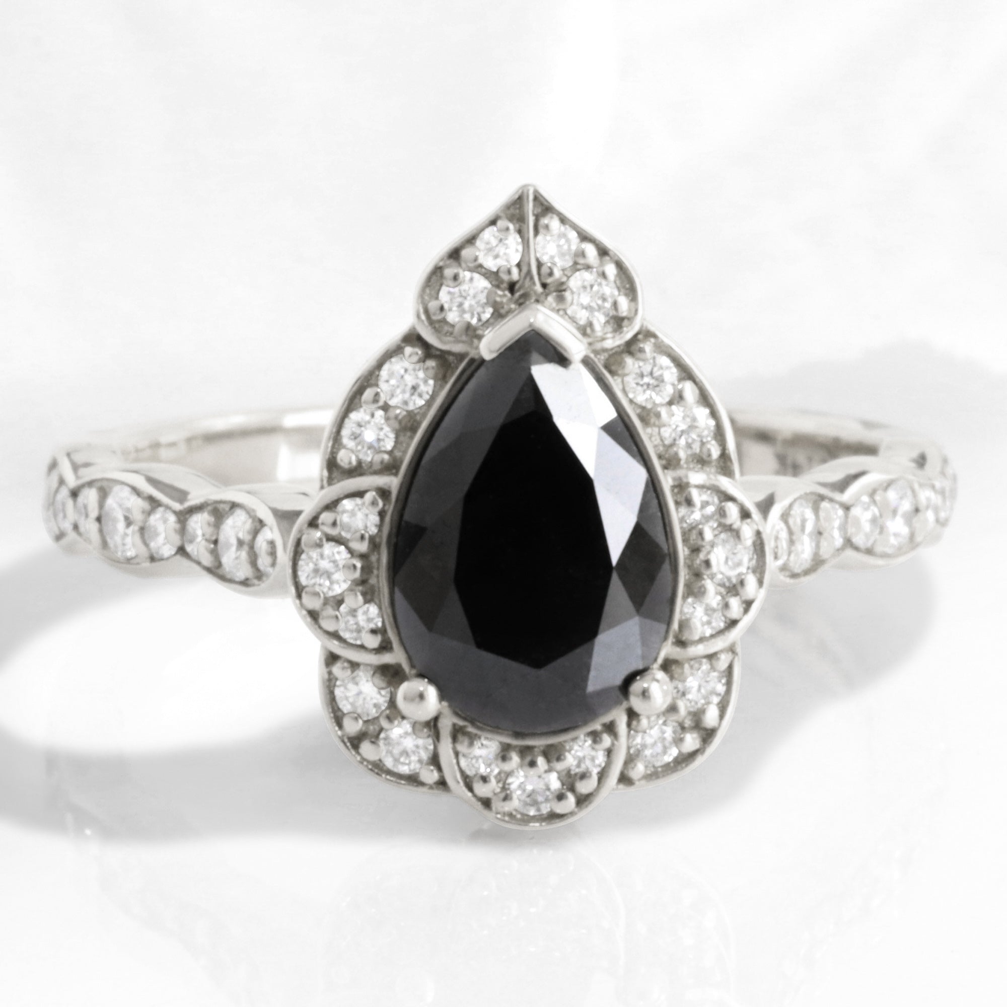 Pear Black Diamond Engagement Ring in Vintage Floral Scalloped Band