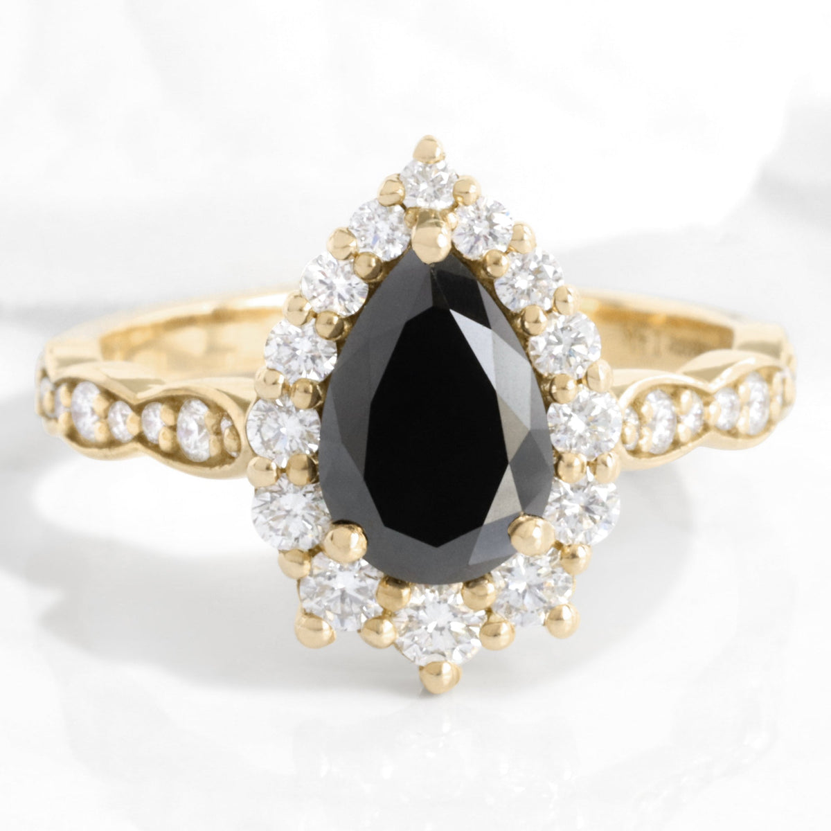 Pear Black Diamond Engagement Ring in Tiara Halo Scalloped Band