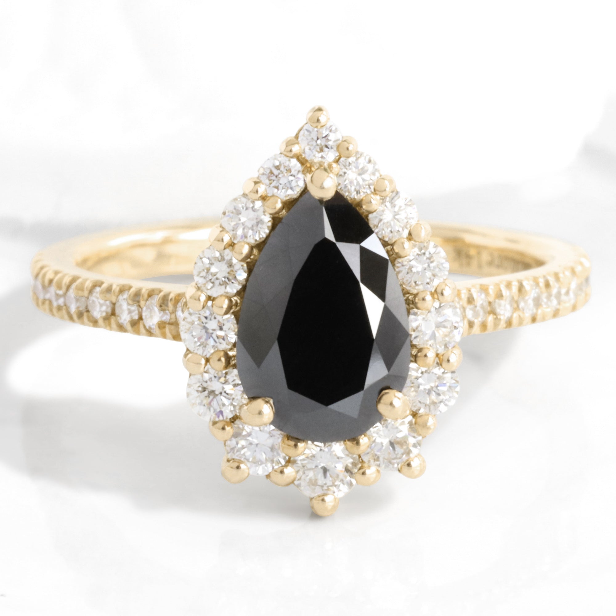 Pear Black Diamond Engagement Ring in Tiara Halo Pave Band