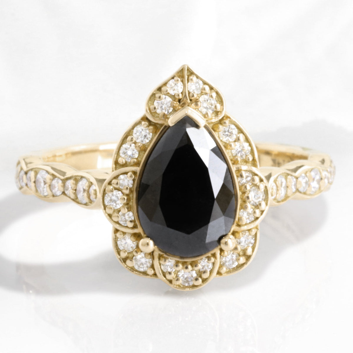Pear Black Diamond Engagement Ring in Vintage Floral Scalloped Band