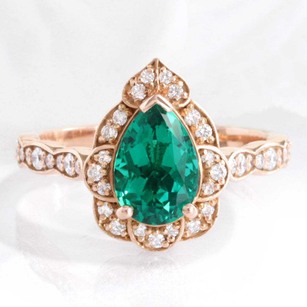 Large pear emerald engagement ring rose gold vintage halo diamond emerald ring la more design jewelry