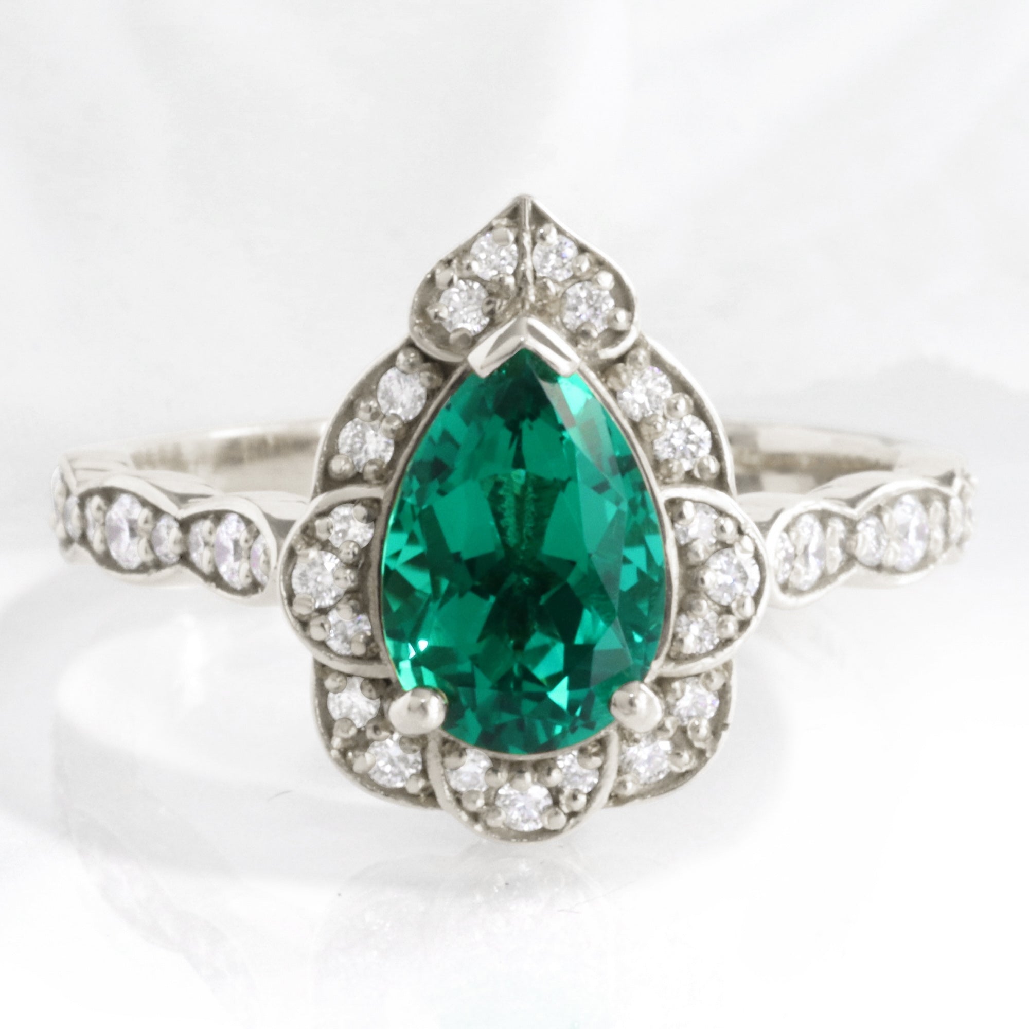 Large pear emerald engagement ring white gold vintage halo diamond emerald ring la more design jewelry