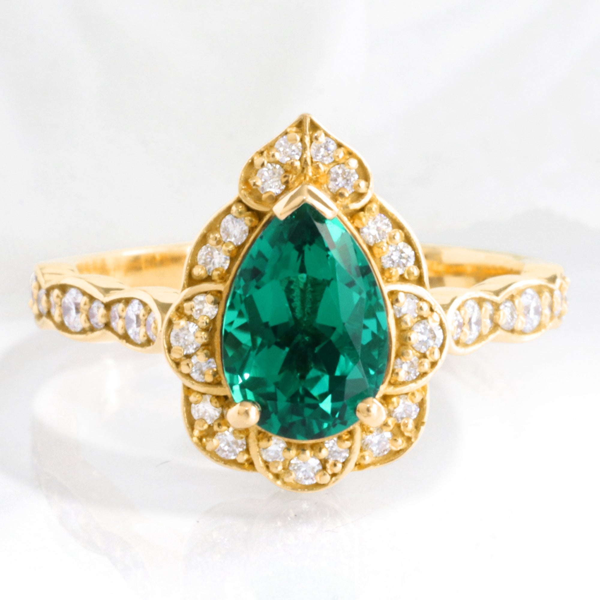 Large pear emerald engagement ring yellow gold vintage halo diamond emerald ring la more design jewelry