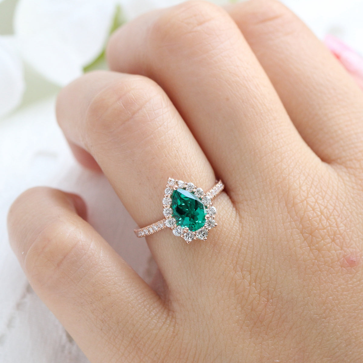 Large pear emerald engagement ring rose gold halo diamond emerald ring green cluster ring la more design jewelry