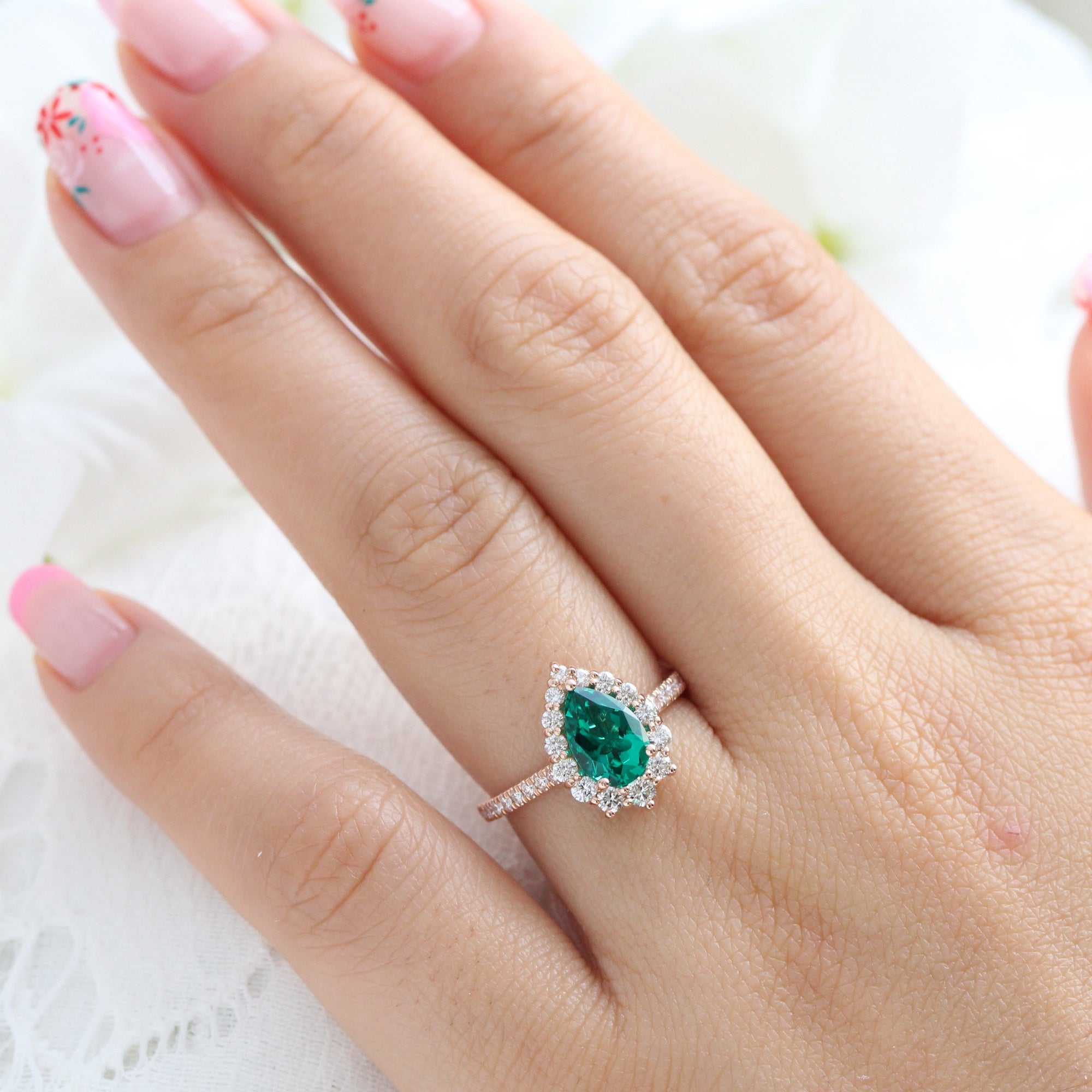 Large pear emerald engagement ring rose gold halo diamond emerald ring green cluster ring la more design jewelry