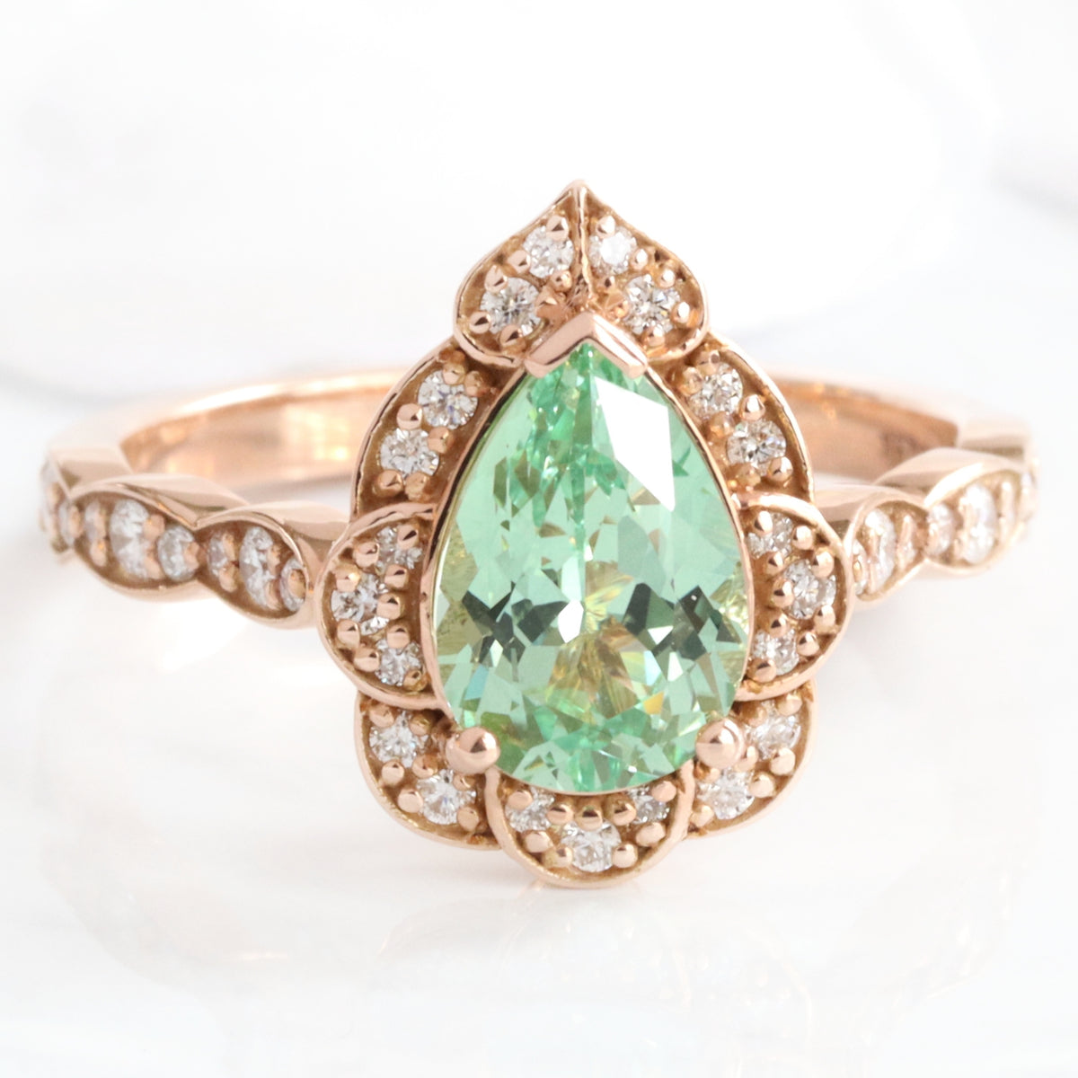 Large pear green sapphire engagement ring rose gold vintage halo diamond sapphire ring la more design jewelry