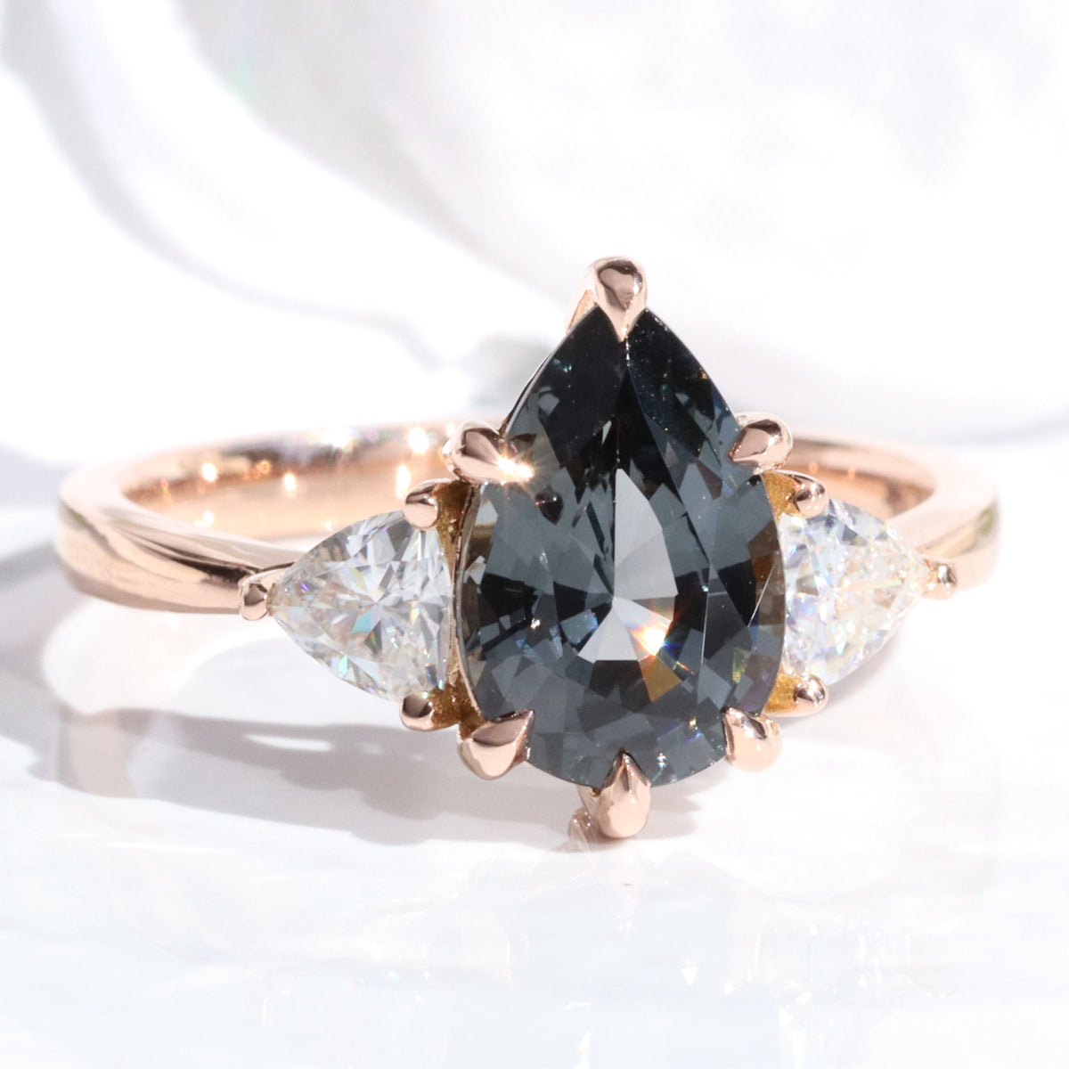 Large pear grey spinel diamond ring rose gold 3 stone engagement ring la more design jewelry