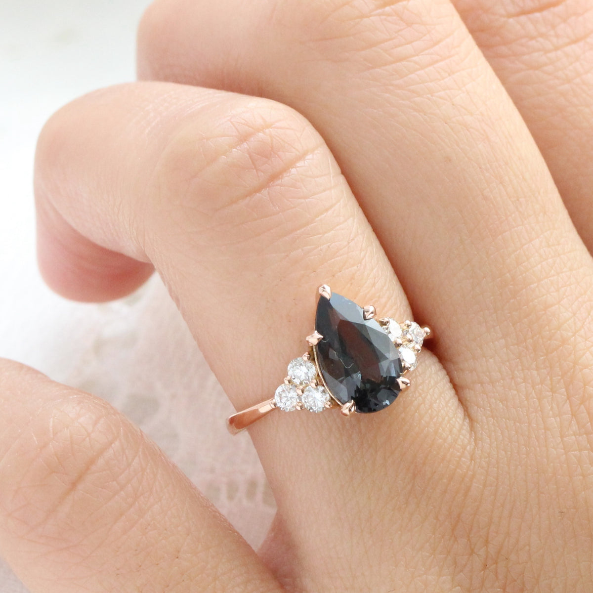 Large pear grey spinel diamond ring rose gold 3 stone engagement ring la more design jewelry