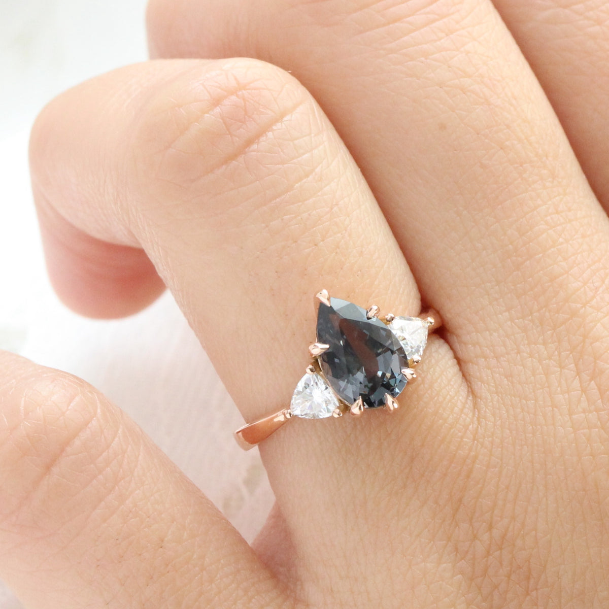Large pear grey spinel diamond ring rose gold 3 stone engagement ring la more design jewelry