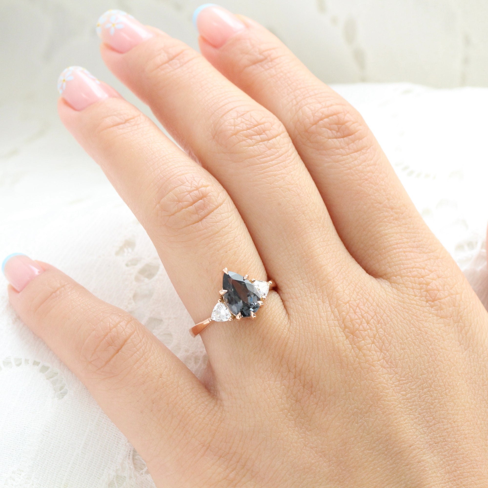 Large pear grey spinel diamond ring rose gold 3 stone engagement ring la more design jewelry