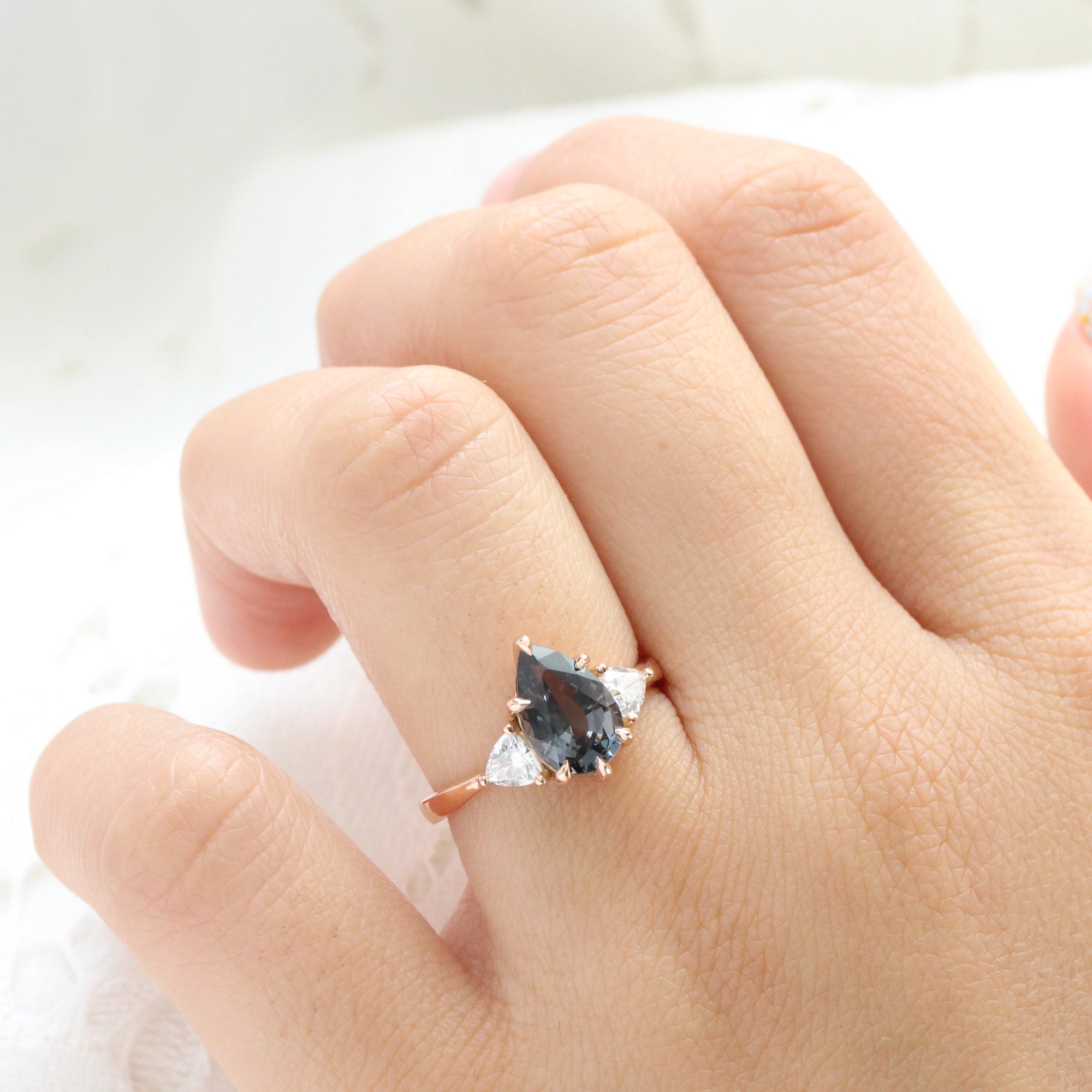 Large pear grey spinel diamond ring rose gold 3 stone engagement ring la more design jewelry