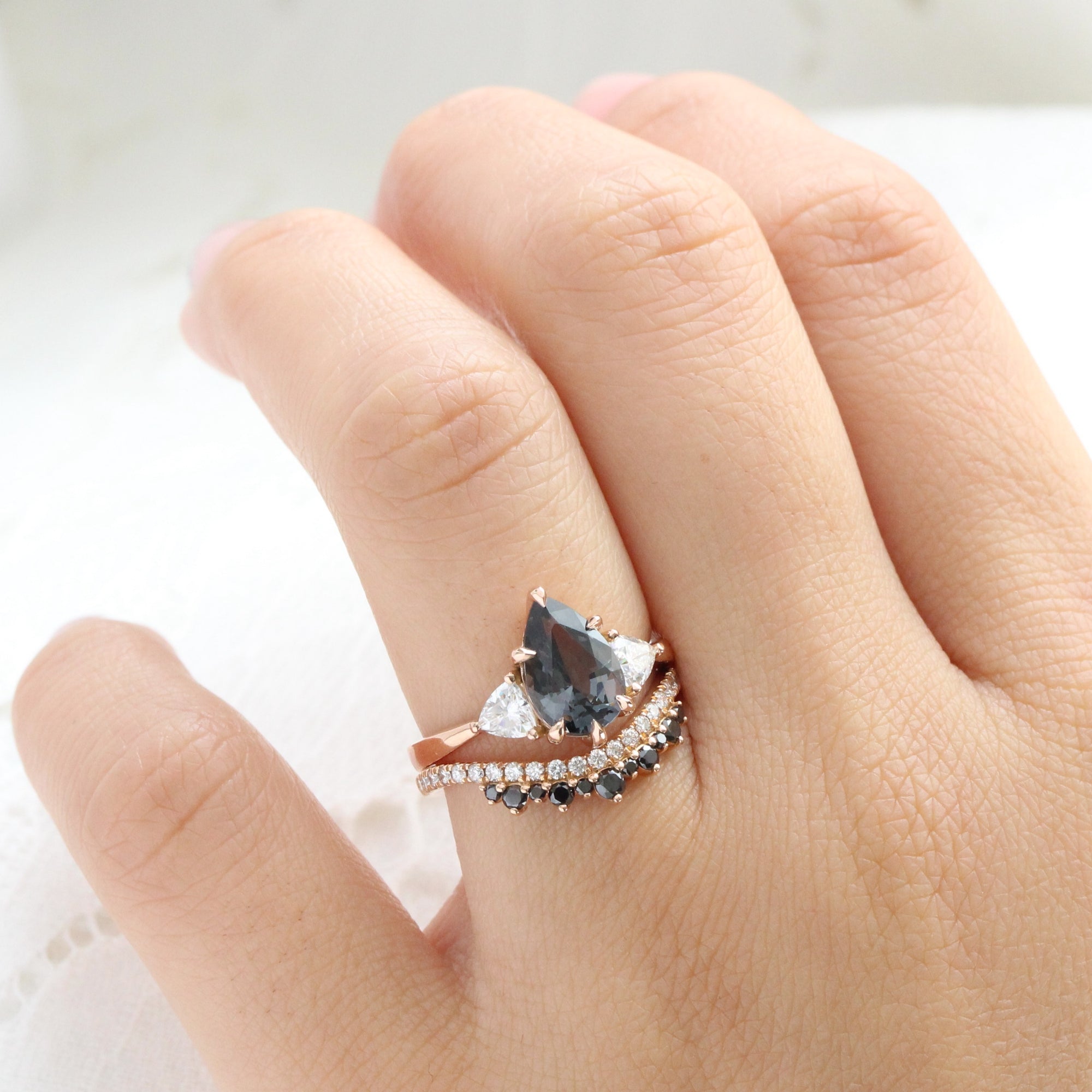 Large pear grey spinel diamond ring rose gold 3 stone engagement ring la more design jewelry