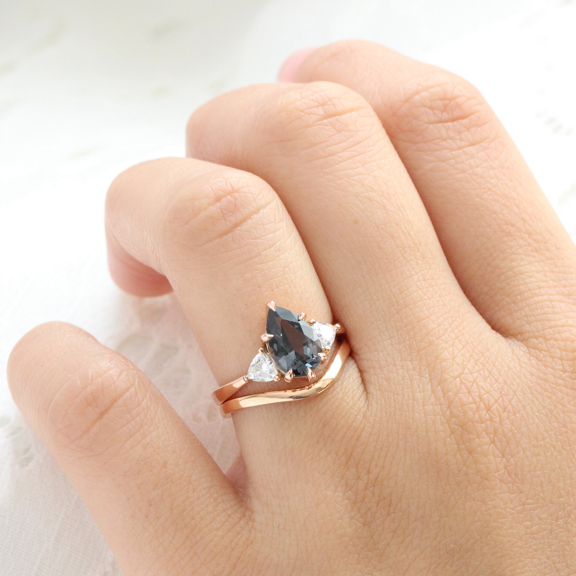Large pear grey spinel diamond ring rose gold 3 stone engagement ring la more design jewelry