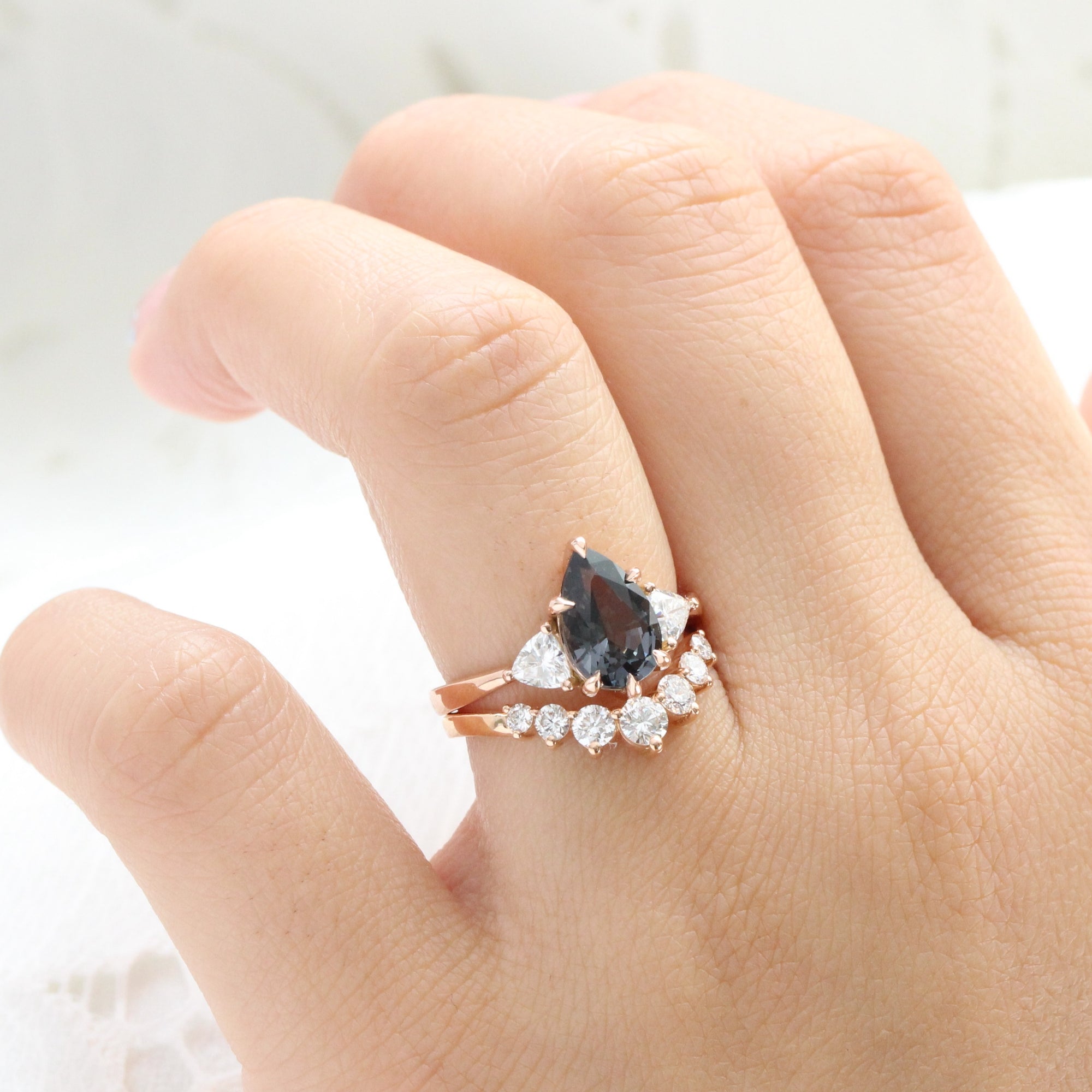 Large pear grey spinel diamond ring rose gold 3 stone engagement ring la more design jewelry