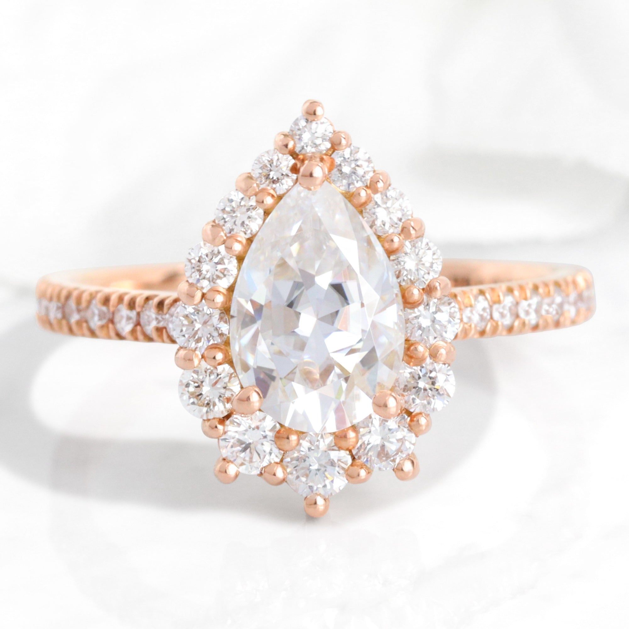 Pear Moissanite Engagement Ring in Tiara Halo Diamond Pave Band