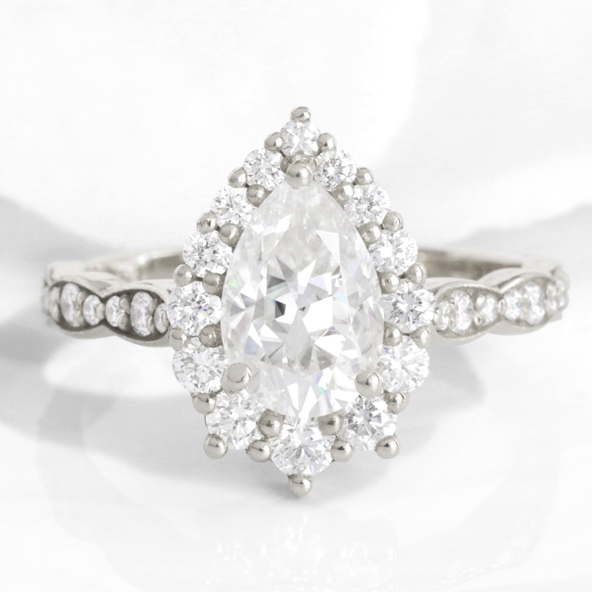 Pear Moissanite Diamond Ring in Tiara Halo Engagement Ring