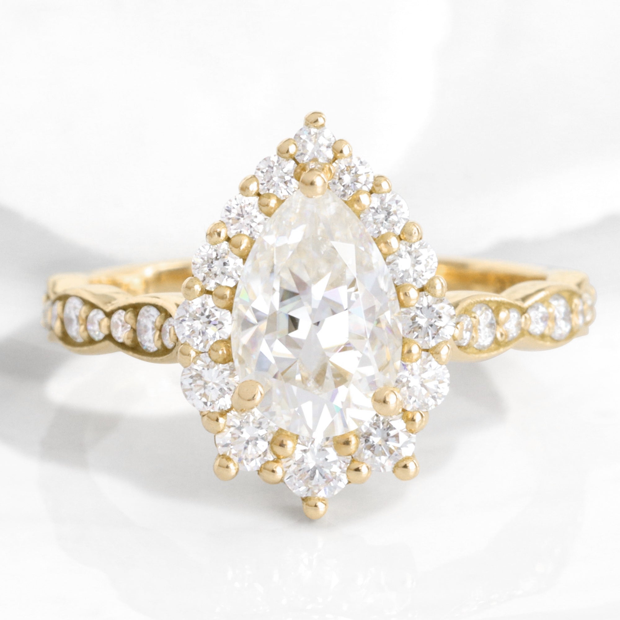 Pear Moissanite Diamond Ring in Tiara Halo Engagement Ring